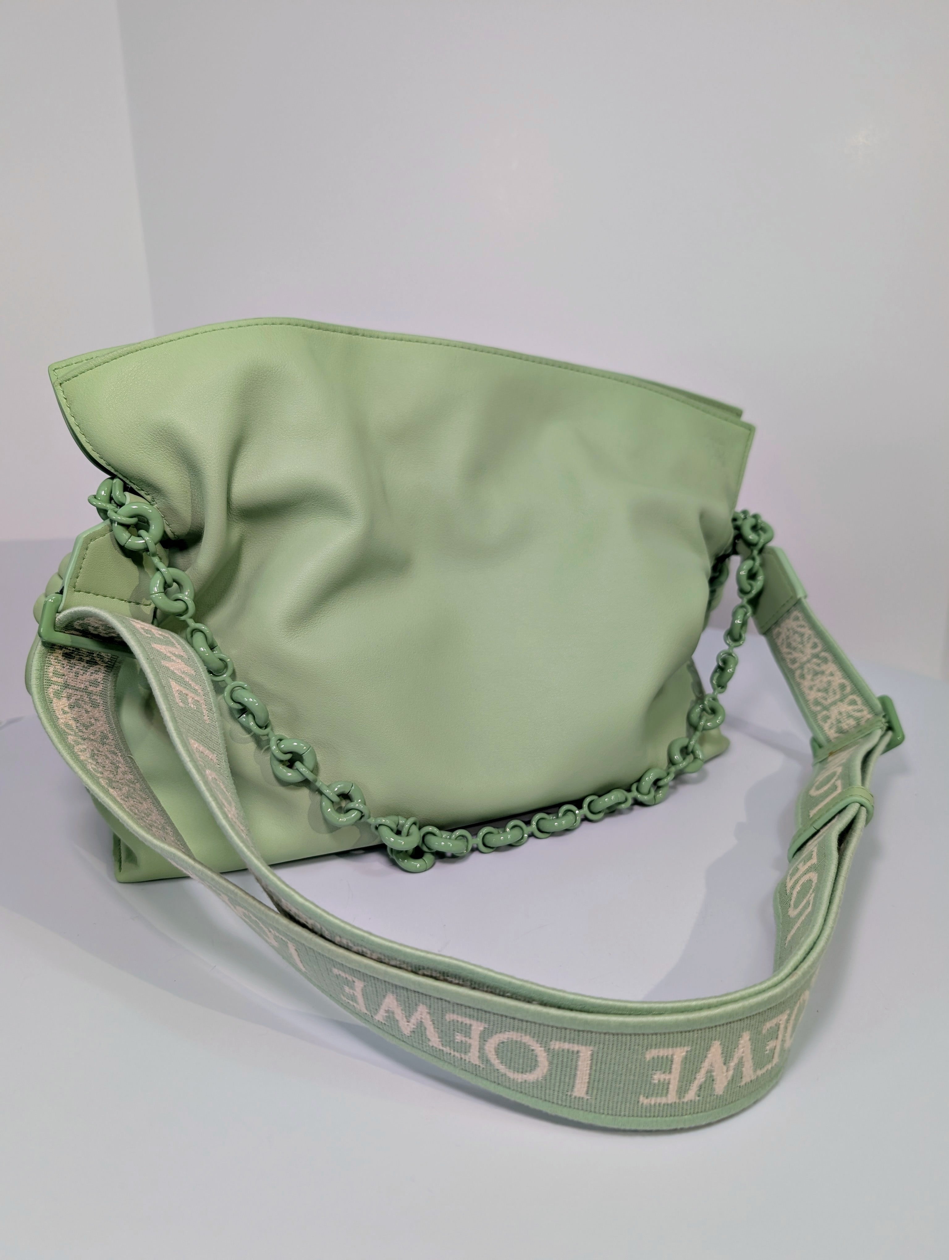 Loewe Flamenco Clutch in Pale Celadon Nappa Leather with Tonal Donut and Fabric Chains