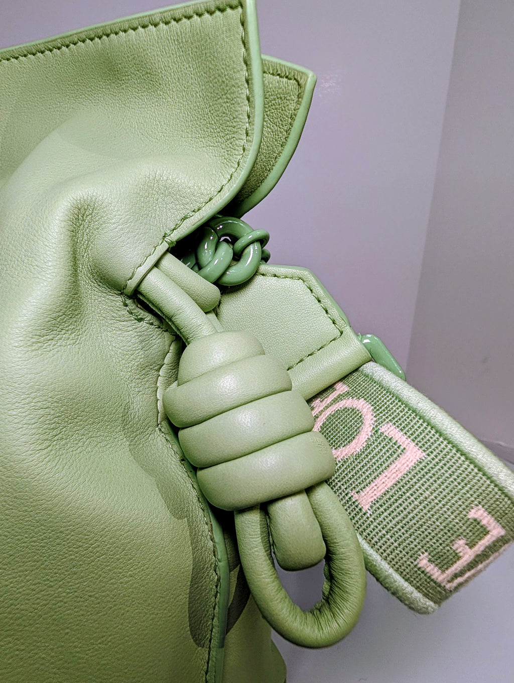 Loewe Flamenco Clutch in Pale Celadon Nappa Leather with Tonal Donut and Fabric Chains