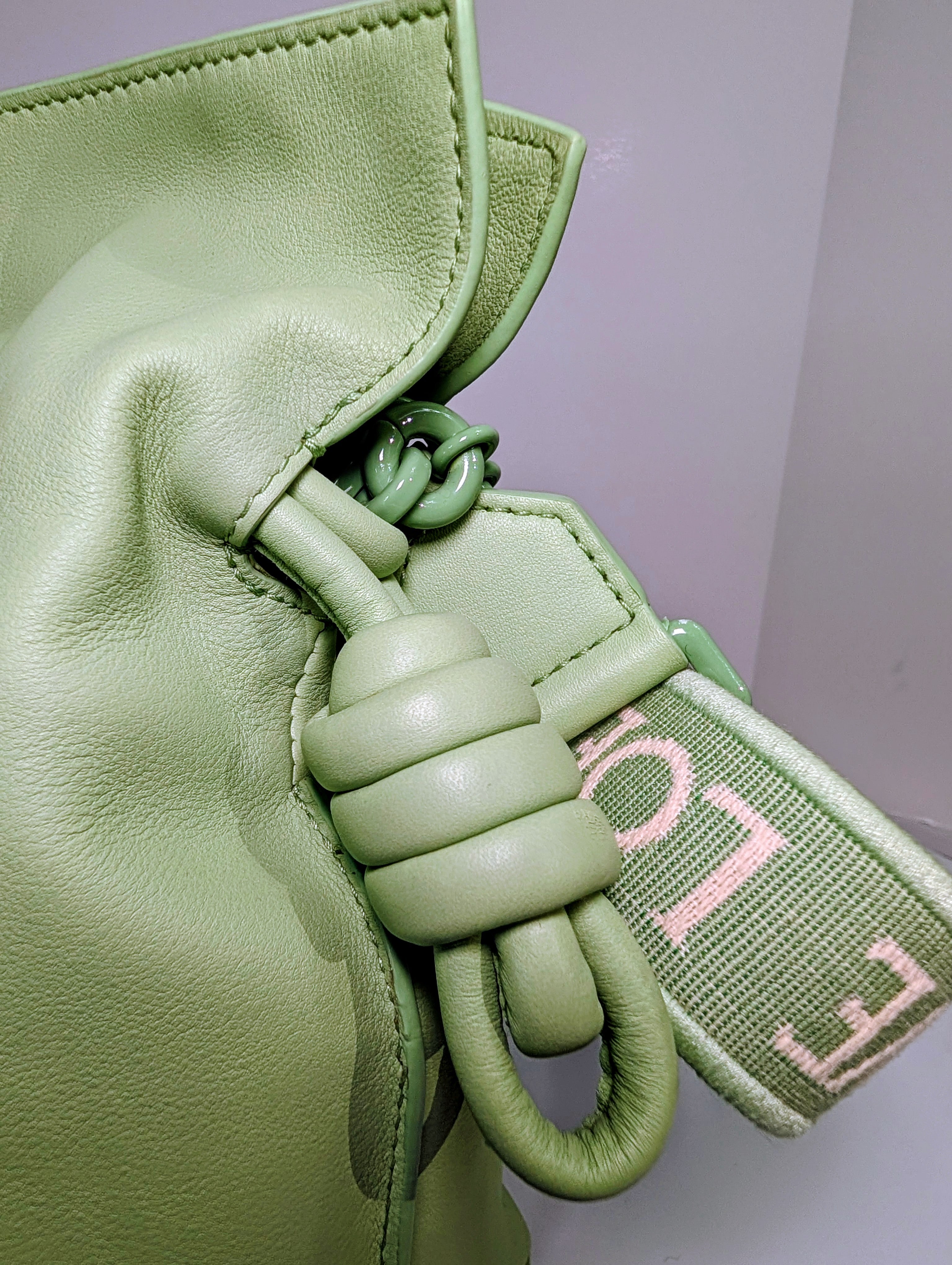 Loewe Flamenco Clutch in Pale Celadon Nappa Leather with Tonal Donut and Fabric Chains