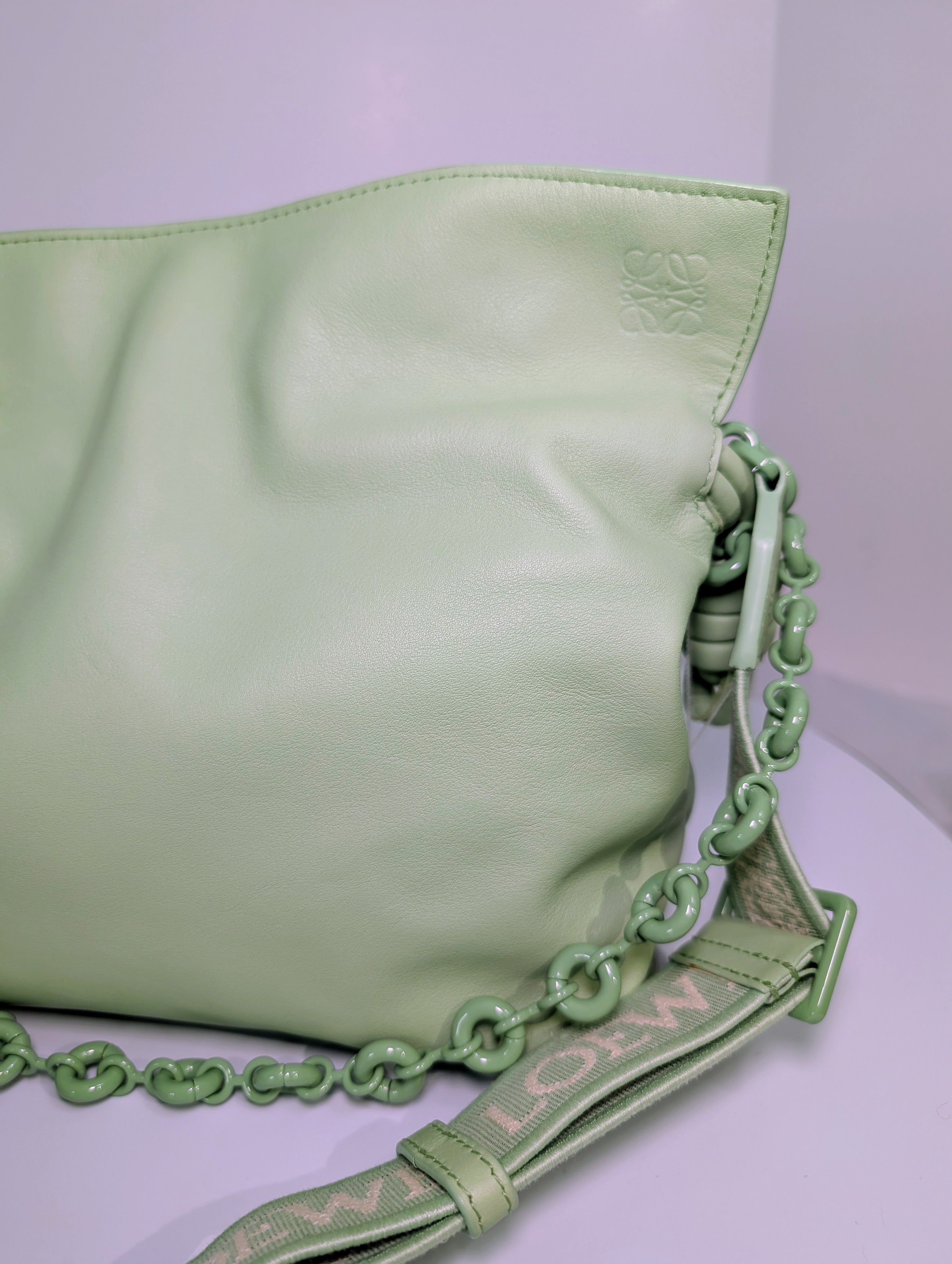 Loewe Flamenco Clutch in Pale Celadon Nappa Leather with Tonal Donut and Fabric Chains