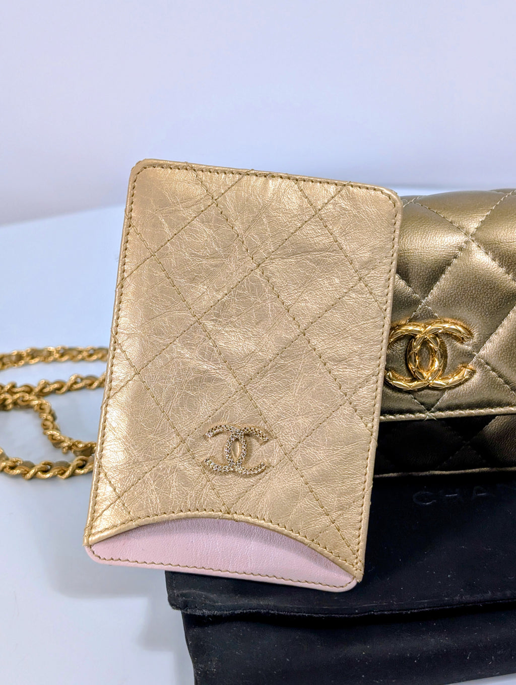 Chanel Metallic Bronze Gold Mini Rectangular Flap with Engraved CCs and Strap Loops with Chanel Gold Card Holder