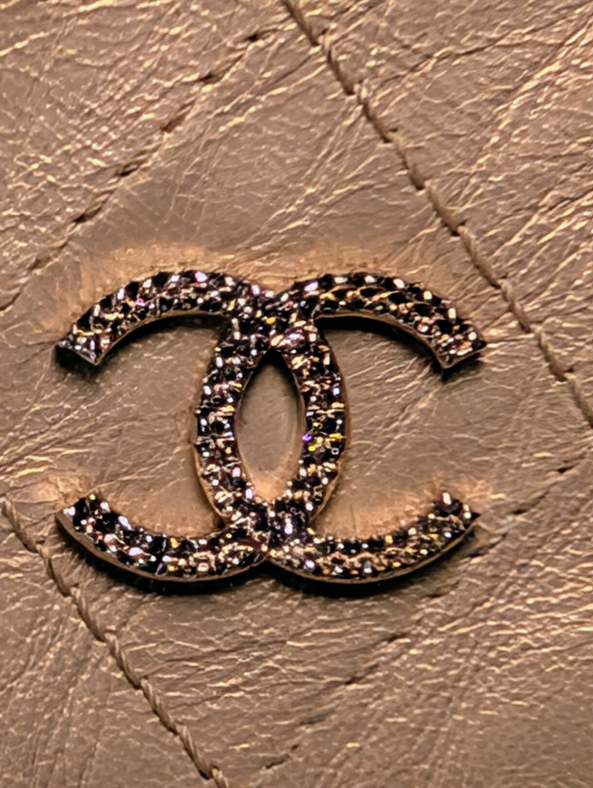 Chanel Metallic Bronze Gold Mini Rectangular Flap with Engraved CCs and Strap Loops with Chanel Gold Card Holder