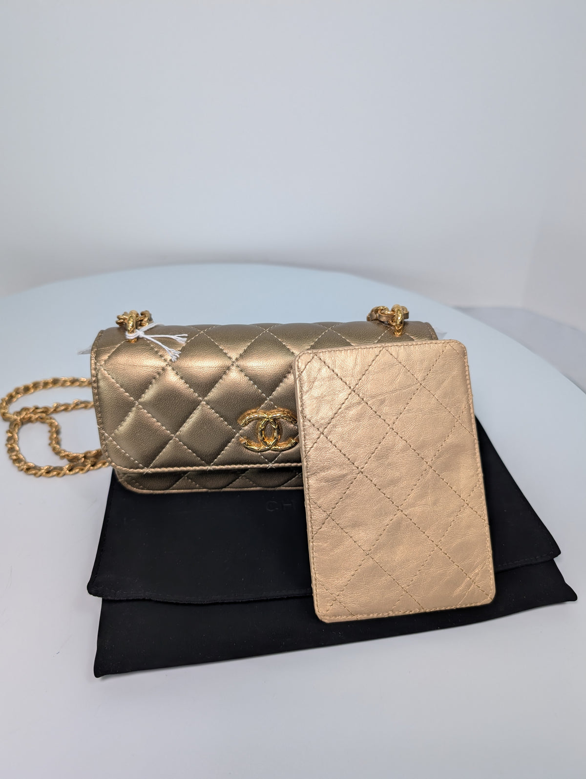 Chanel Metallic Bronze Gold Mini Rectangular Flap with Engraved CCs and Strap Loops with Chanel Gold Card Holder