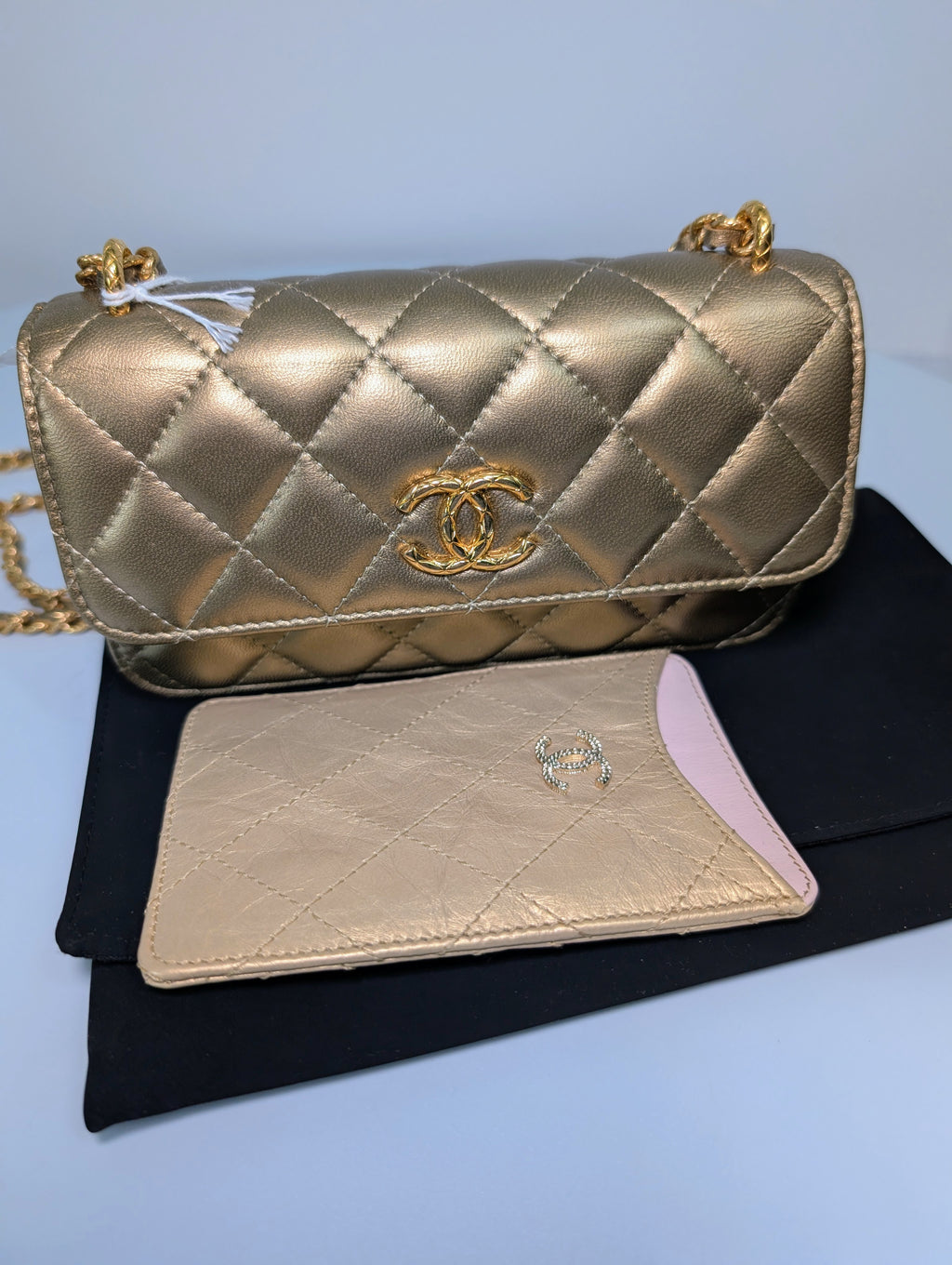 Chanel Metallic Bronze Gold Mini Rectangular Flap with Engraved CCs and Strap Loops with Chanel Gold Card Holder