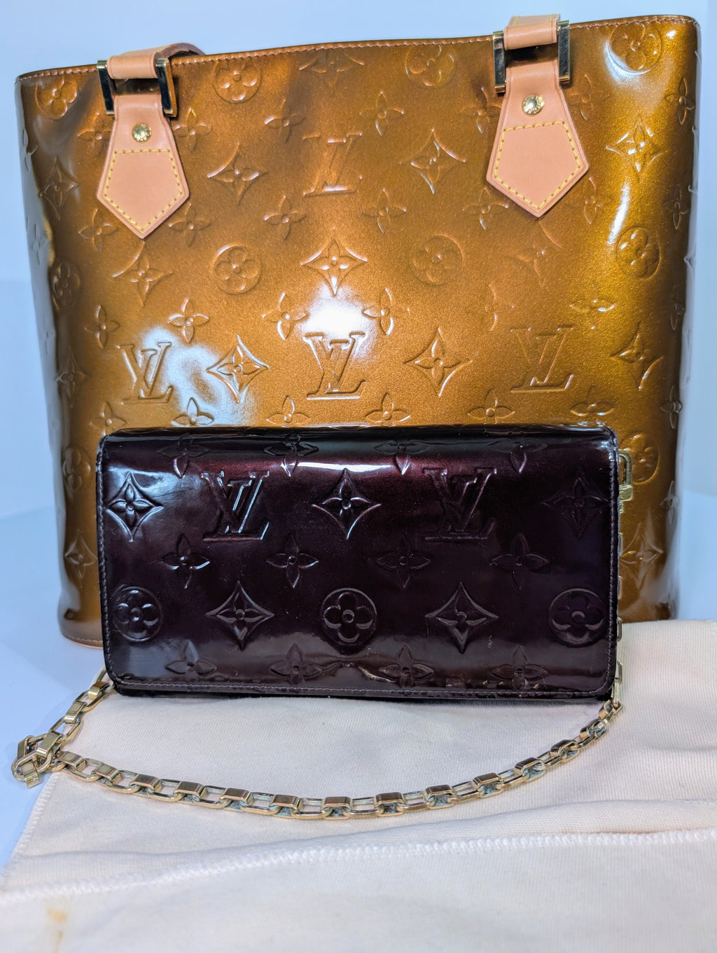 Louis Vuitton Houston Copper Monogram Vernis Leather Tote Bag and Matching LV Wallet