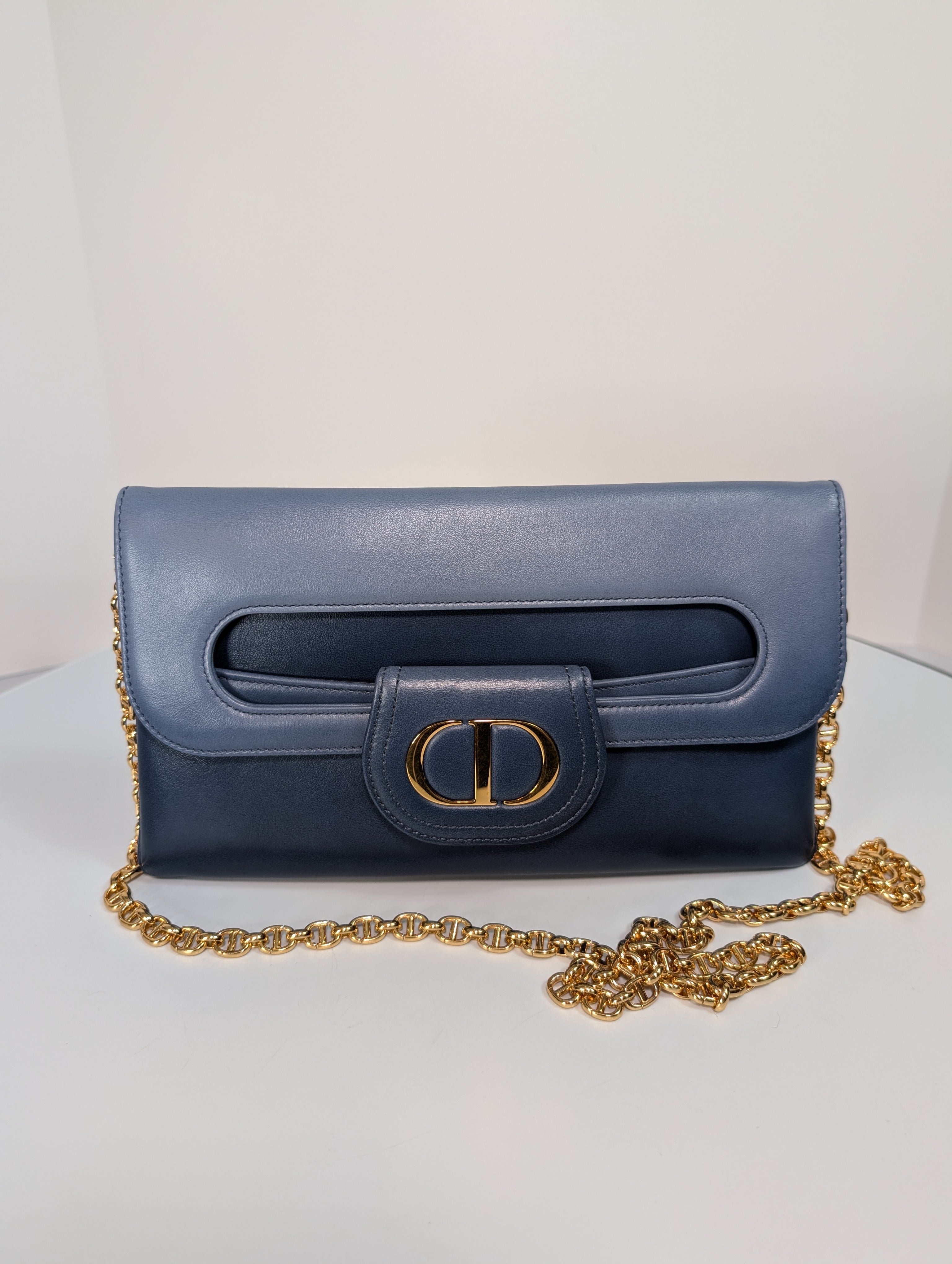 Dior Bicolor Blue Lambskin Flap Clutch with Gold-Tone Dior Chain