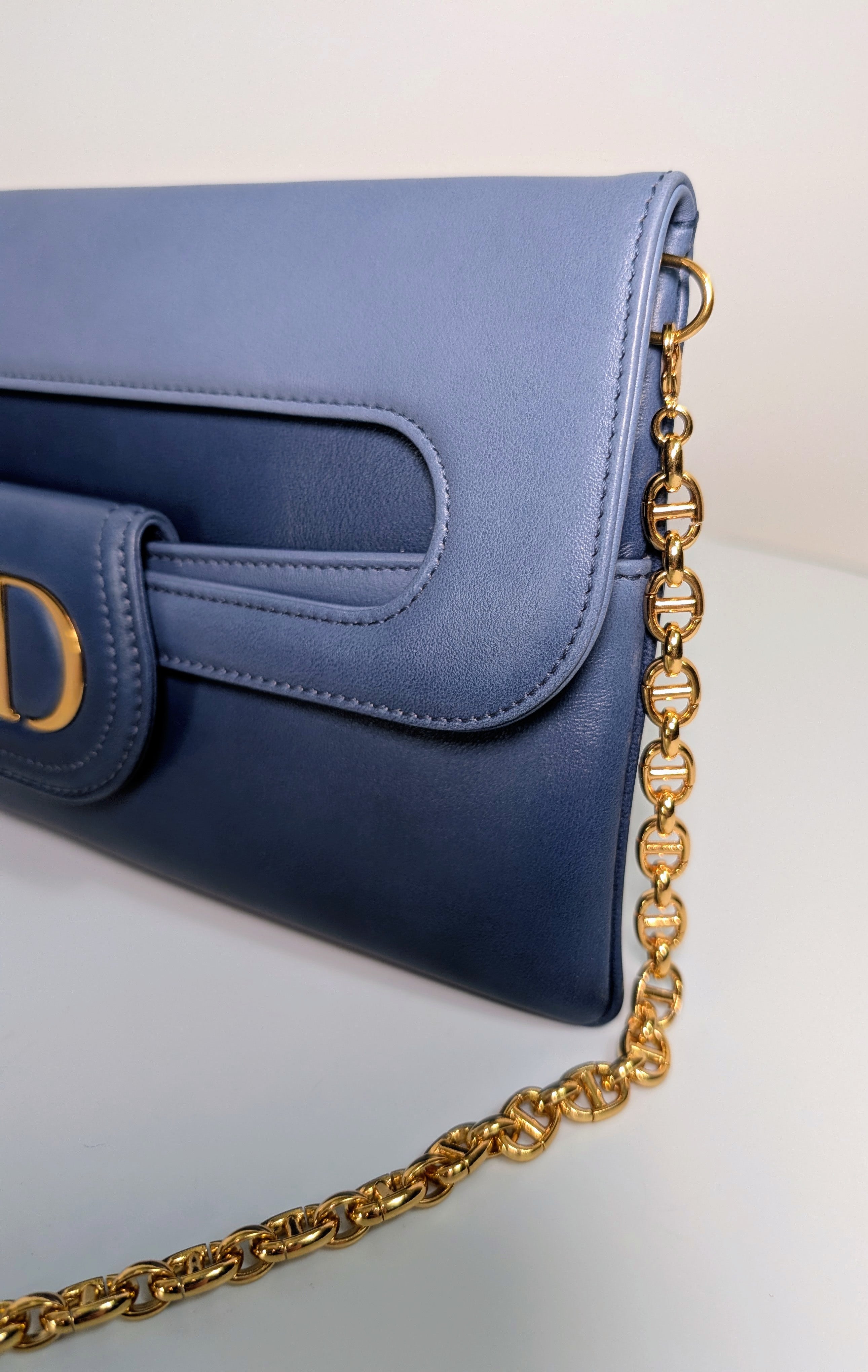 Dior Bicolor Blue Lambskin Flap Clutch with Gold-Tone Dior Chain