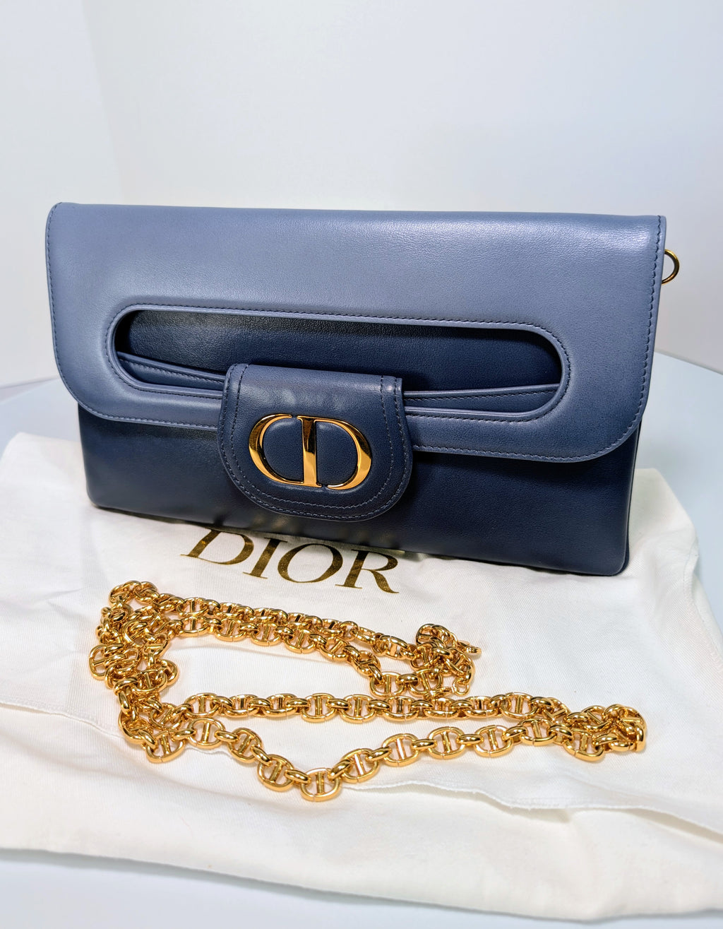 Dior Bicolor Blue Lambskin Flap Clutch with Gold-Tone Dior Chain