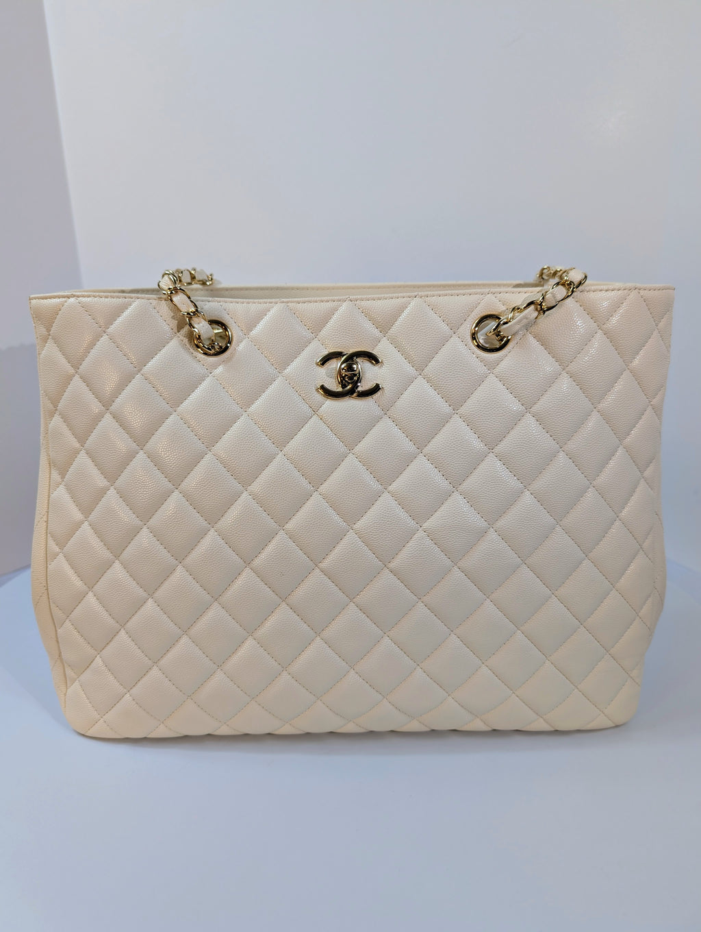 Chanel White Classic Shopping Tote (GST successor) Turnlock Bag