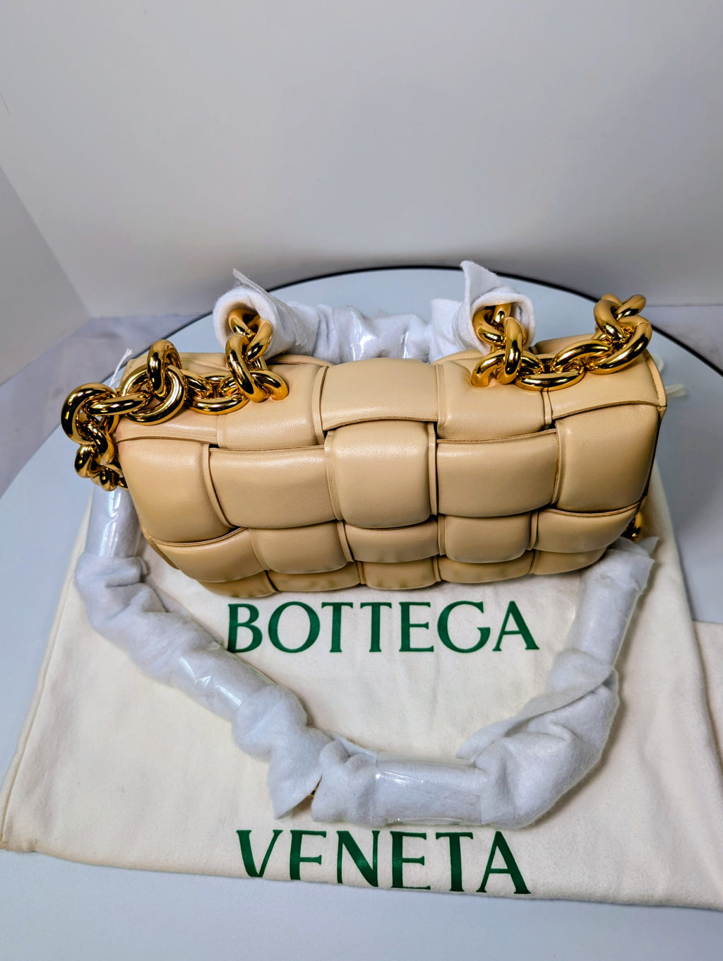 Bottega Veneta Cream Lambskin “The Chain” Cassette Shoulder Bag