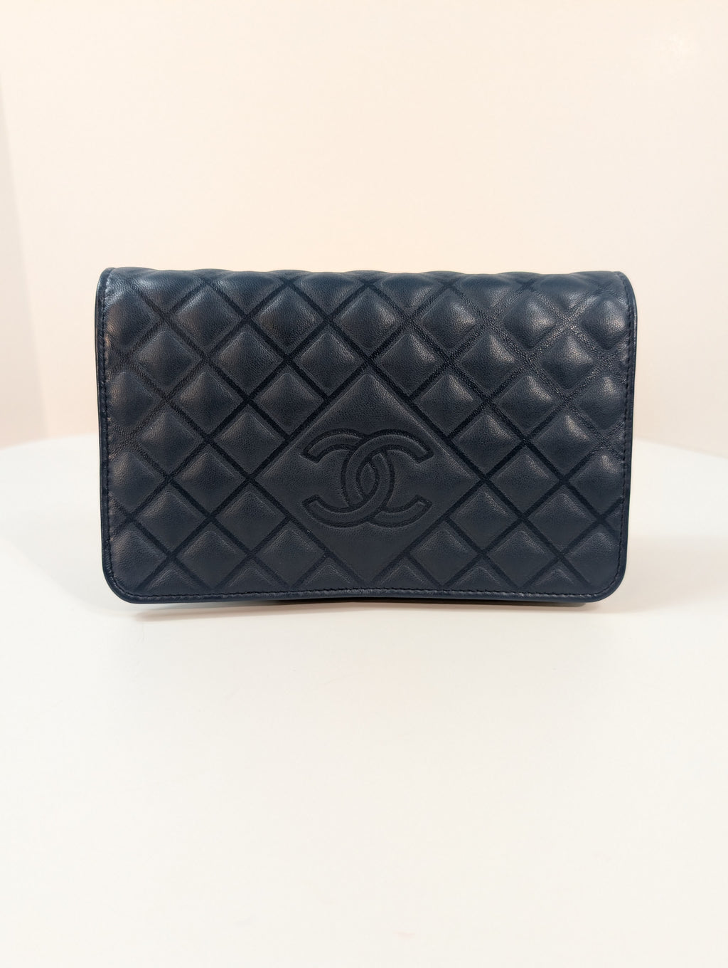 Chanel Slate Blue Embossed CC Diamond-Quilted Calfskin Wallet on Chain (WOC)