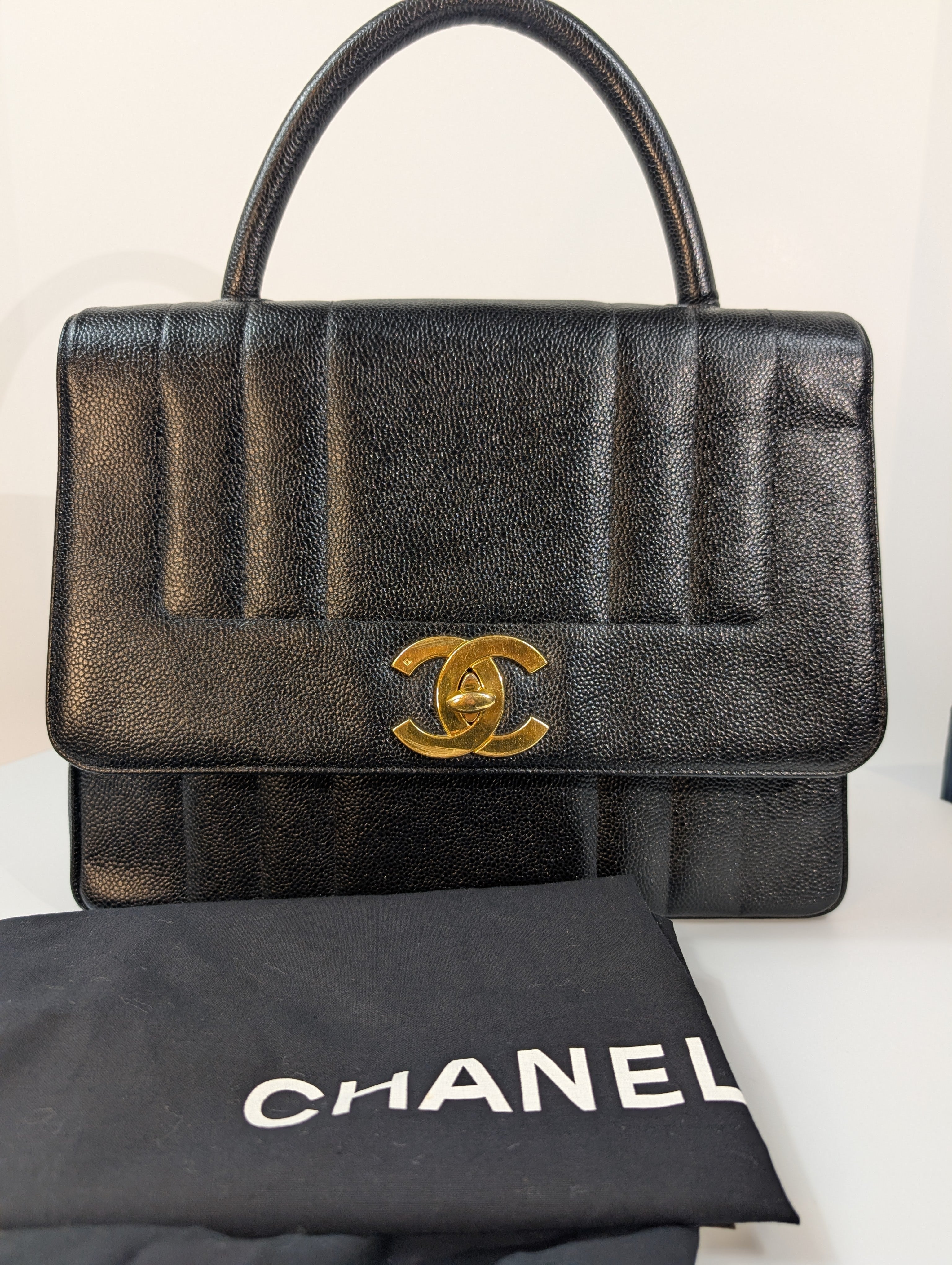 Chanel Vintage Black Caviar Mademoiselle Kelly Top Handle Flap Bag