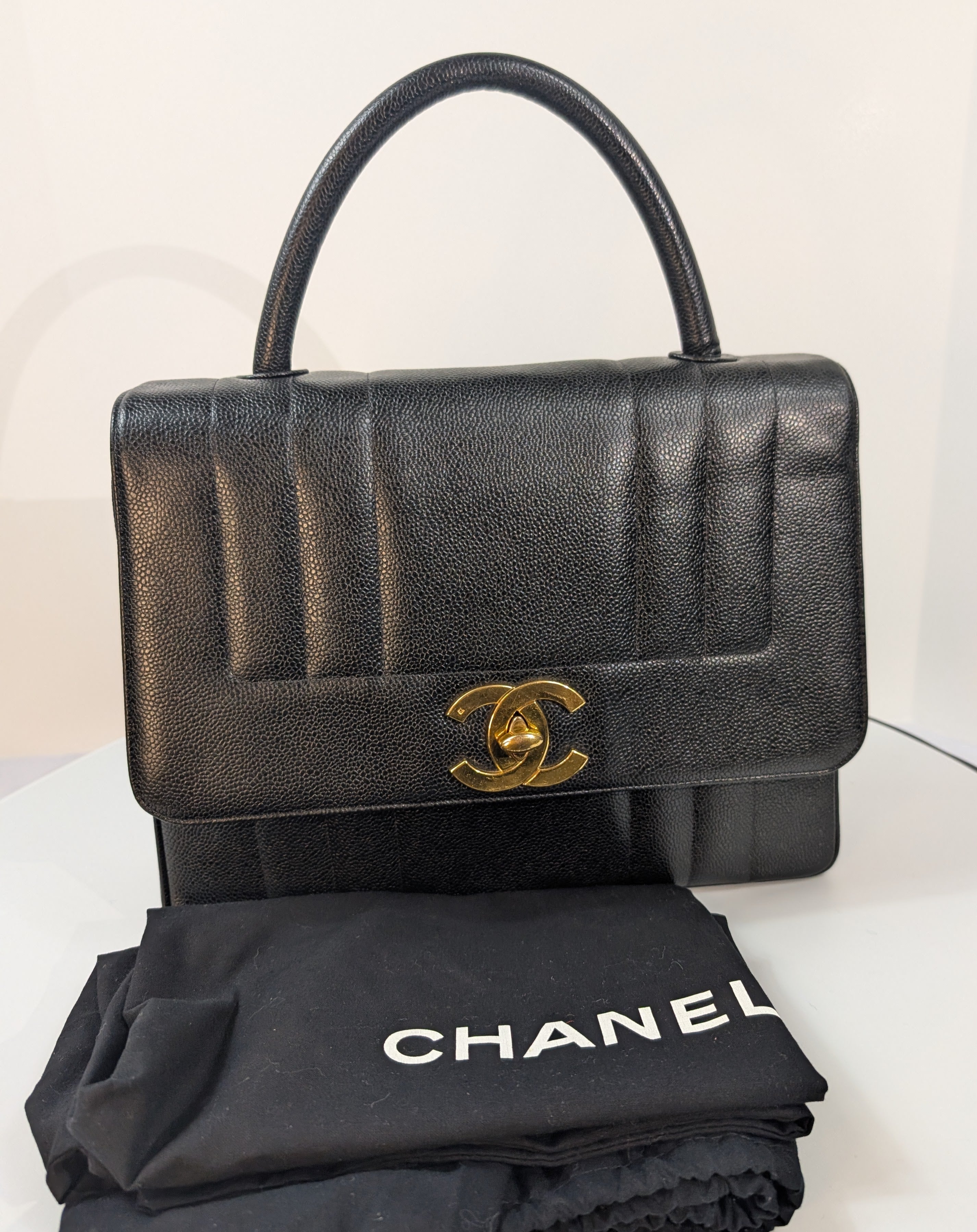 Chanel Vintage Black Caviar Mademoiselle Kelly Top Handle Flap Bag