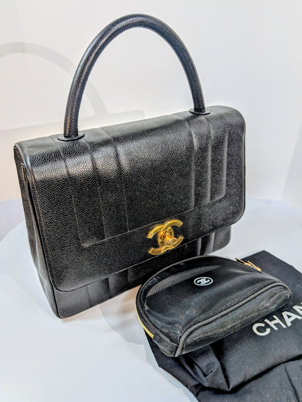 Chanel Vintage Black Caviar Mademoiselle Kelly Top Handle Flap Bag