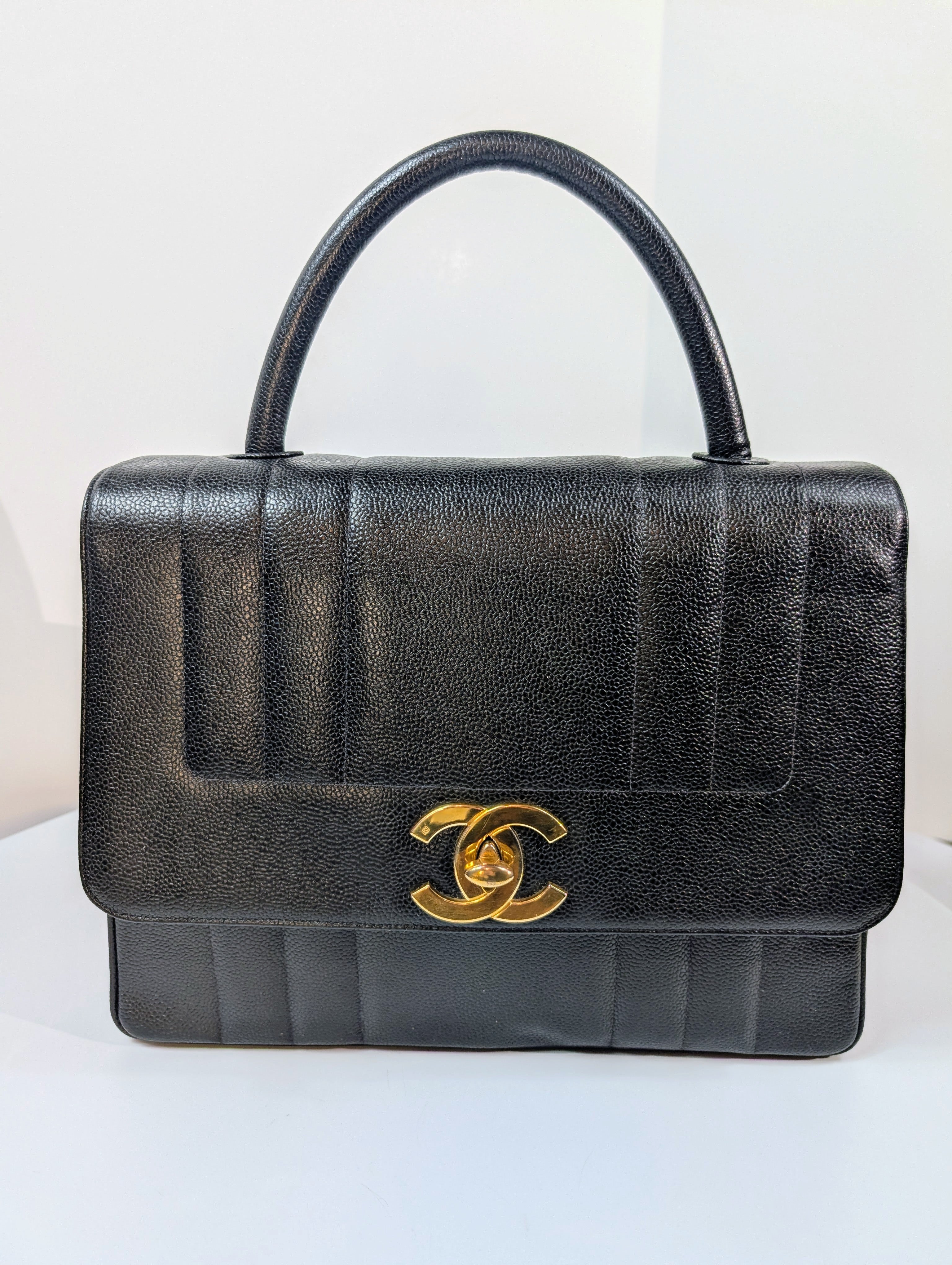Chanel Vintage Black Caviar Mademoiselle Kelly Top Handle Flap Bag
