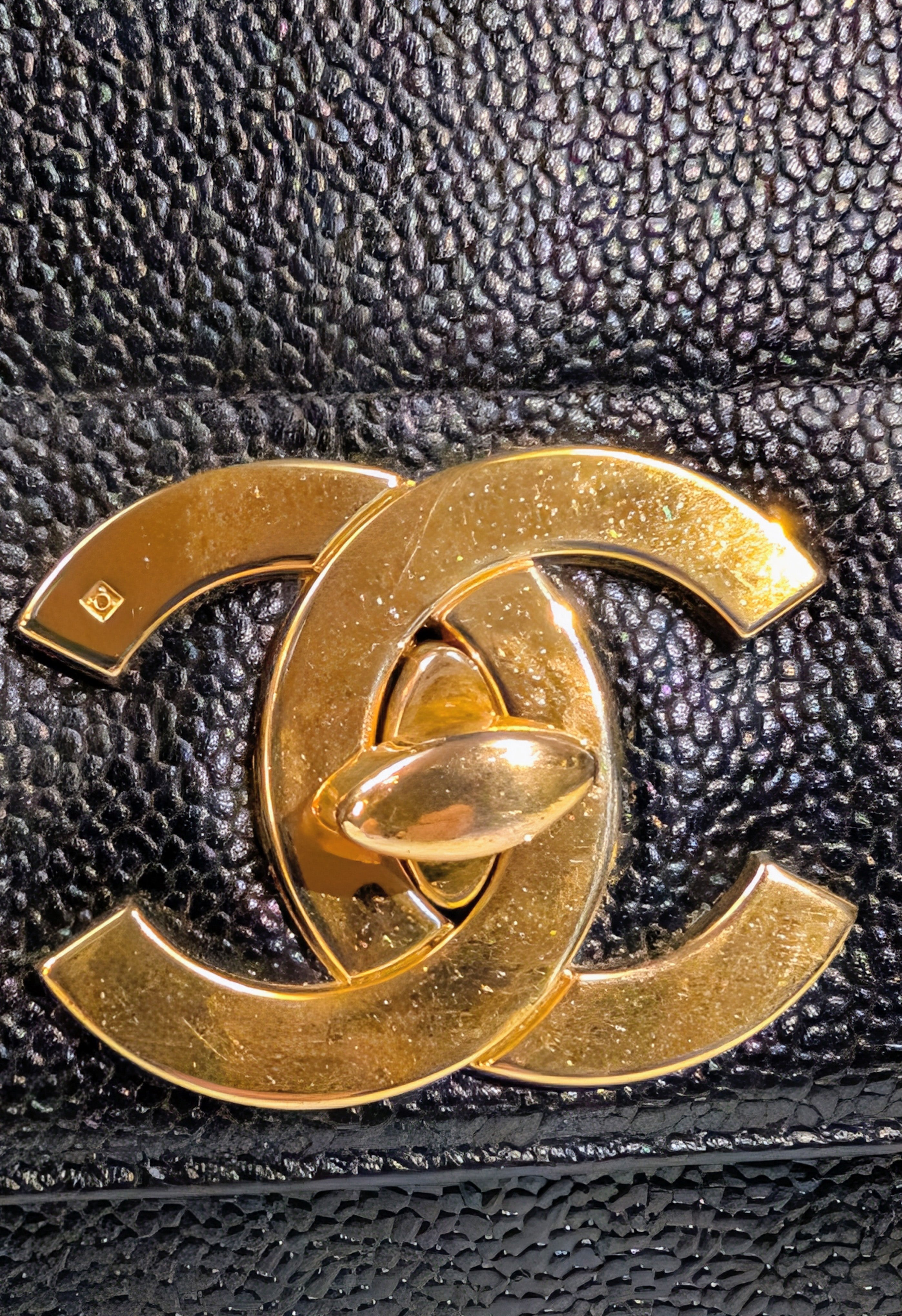 Chanel Vintage Black Caviar Mademoiselle Kelly Top Handle Flap Bag