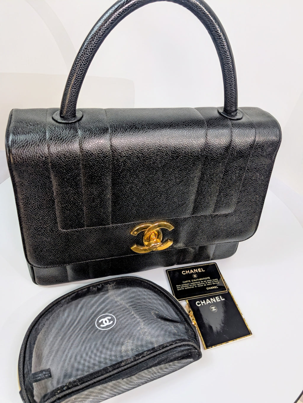 Chanel Vintage Black Caviar Mademoiselle Kelly Top Handle Flap Bag