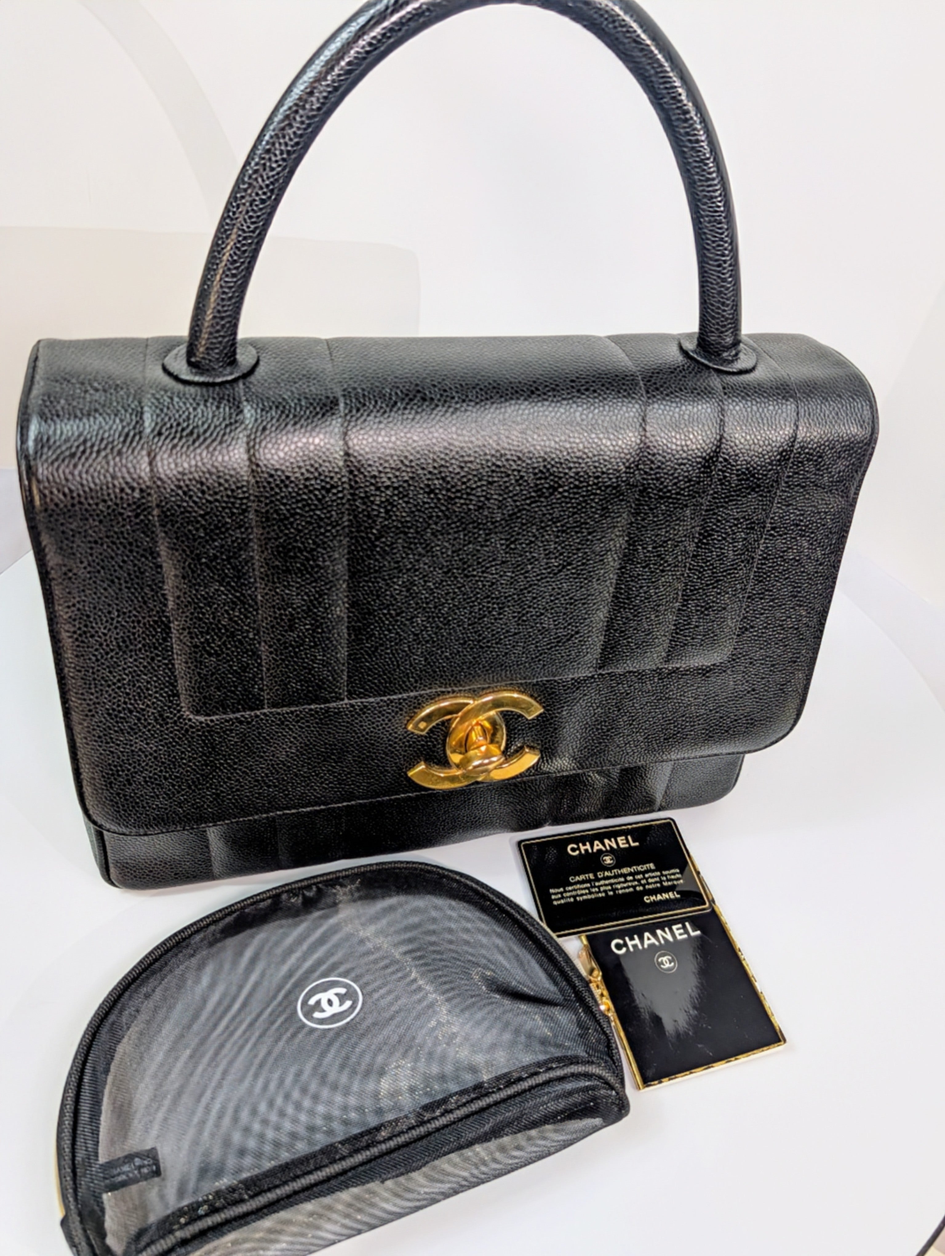 Chanel Vintage Black Caviar Mademoiselle Kelly Top Handle Flap Bag