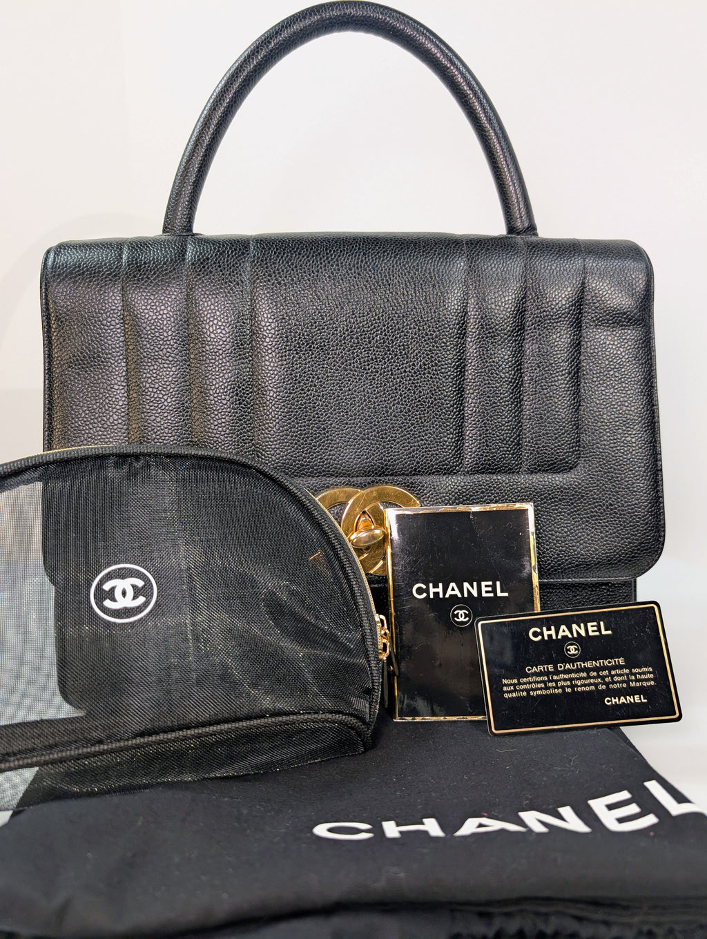 Chanel Vintage Black Caviar Mademoiselle Kelly Top Handle Flap Bag