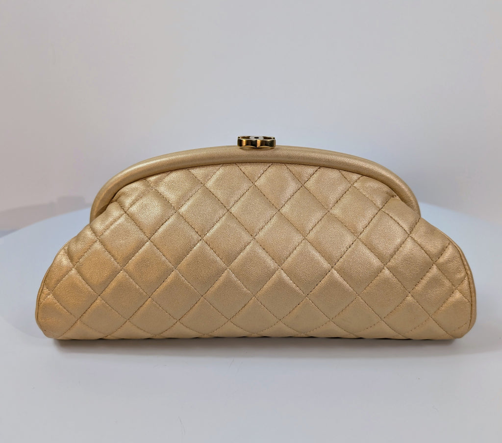 Chanel Pearlescent Gold Half Moon Quilted Lambskin Kisslock Clutch