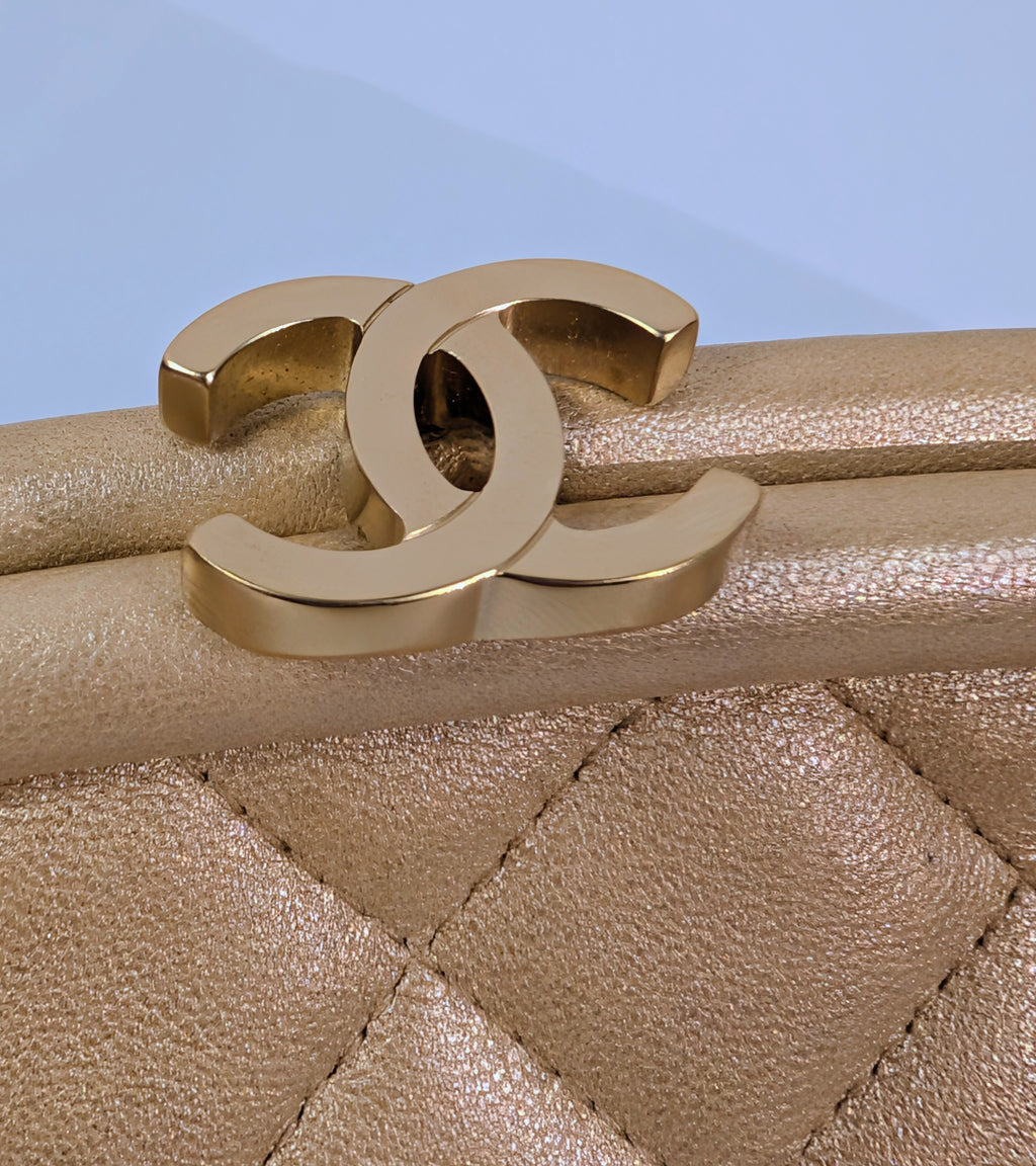 Chanel Pearlescent Gold Half Moon Quilted Lambskin Kisslock Clutch