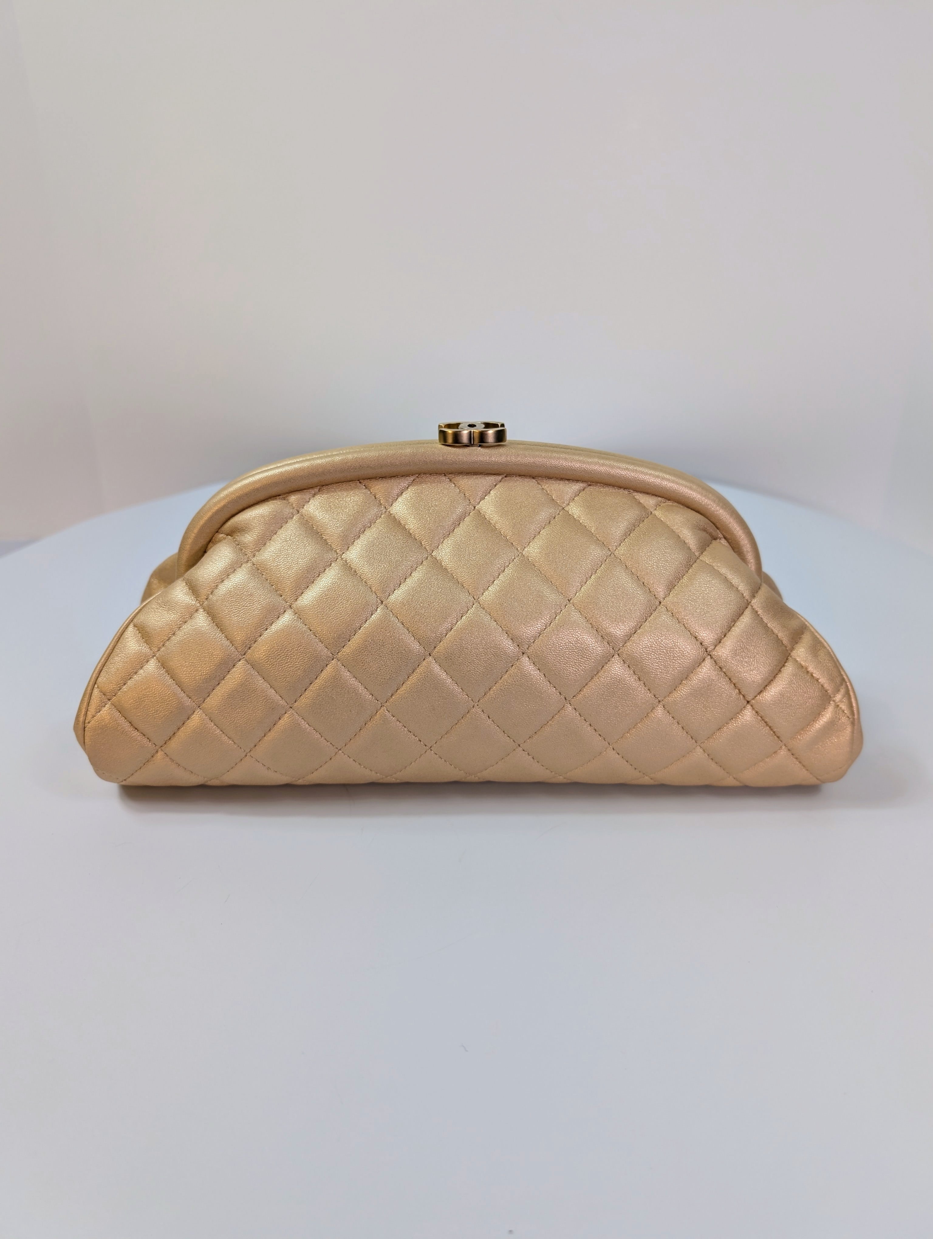 Chanel Pearlescent Gold Half Moon Quilted Lambskin Kisslock Clutch
