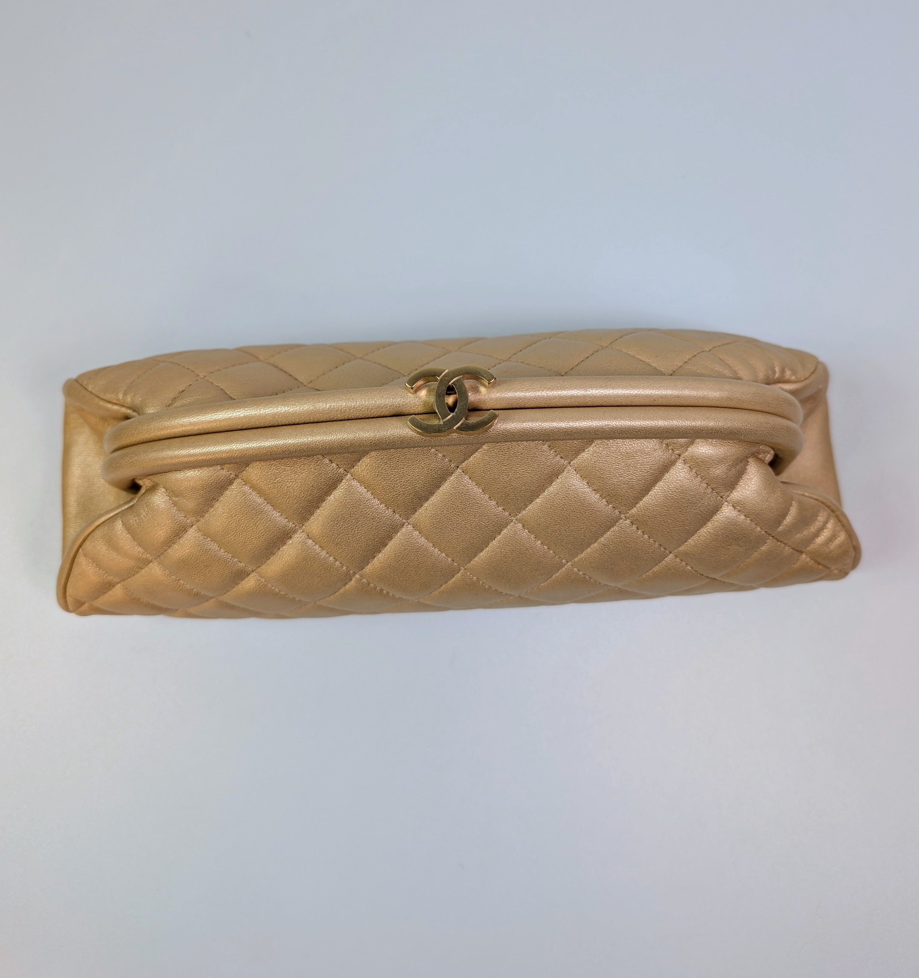 Chanel Pearlescent Gold Half Moon Quilted Lambskin Kisslock Clutch