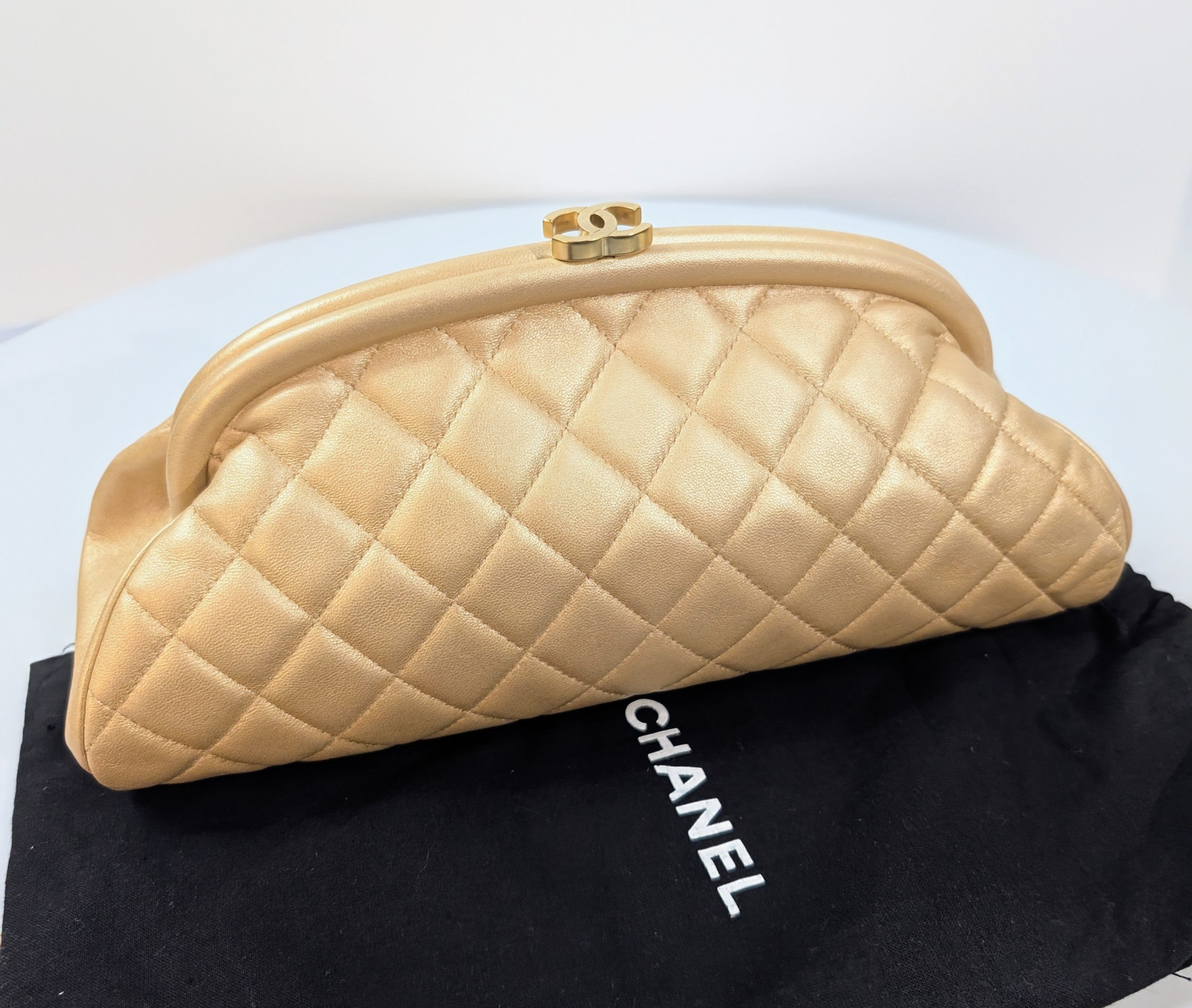 Chanel Pearlescent Gold Half Moon Quilted Lambskin Kisslock Clutch