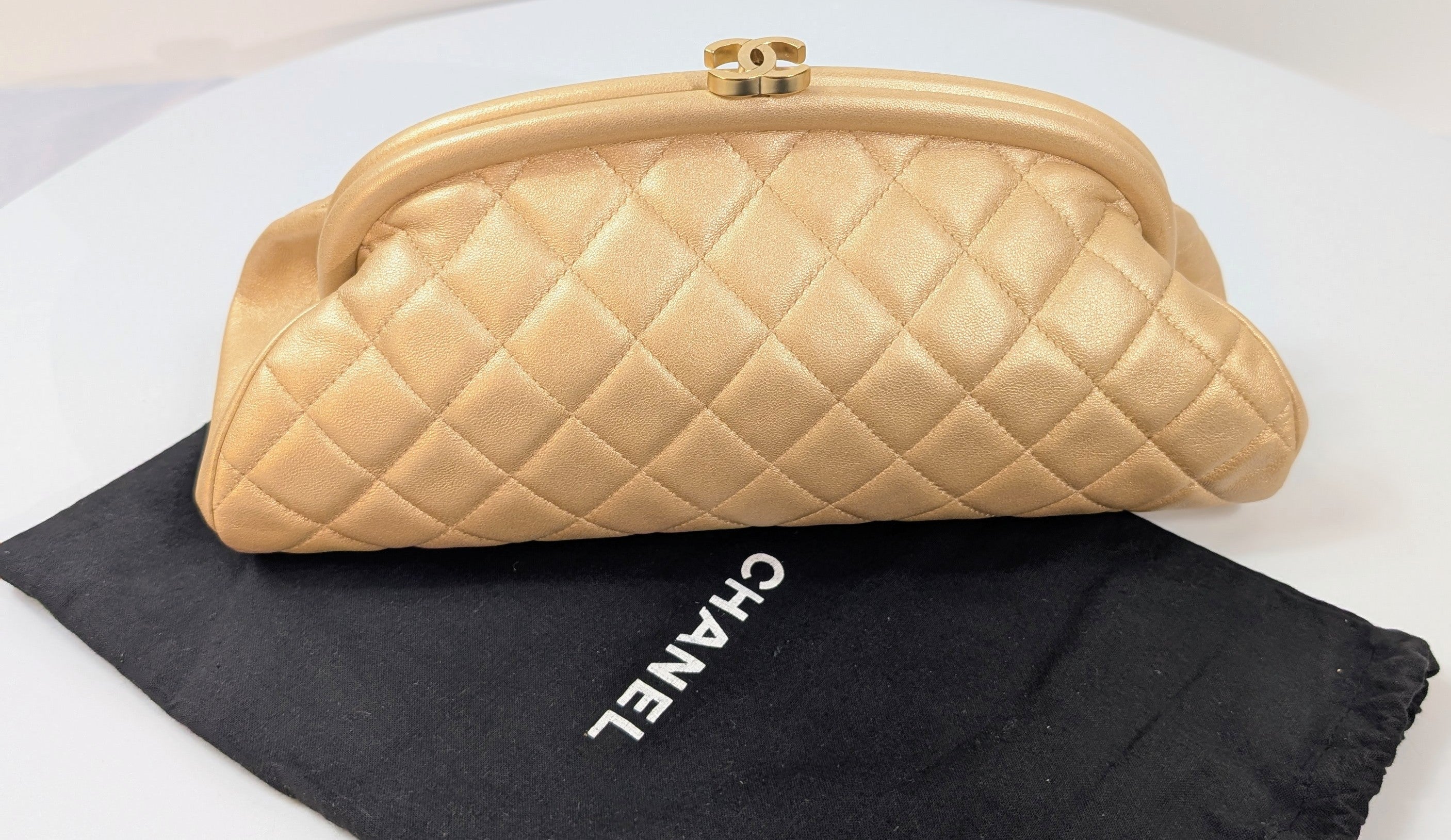 Chanel Pearlescent Gold Half Moon Quilted Lambskin Kisslock Clutch