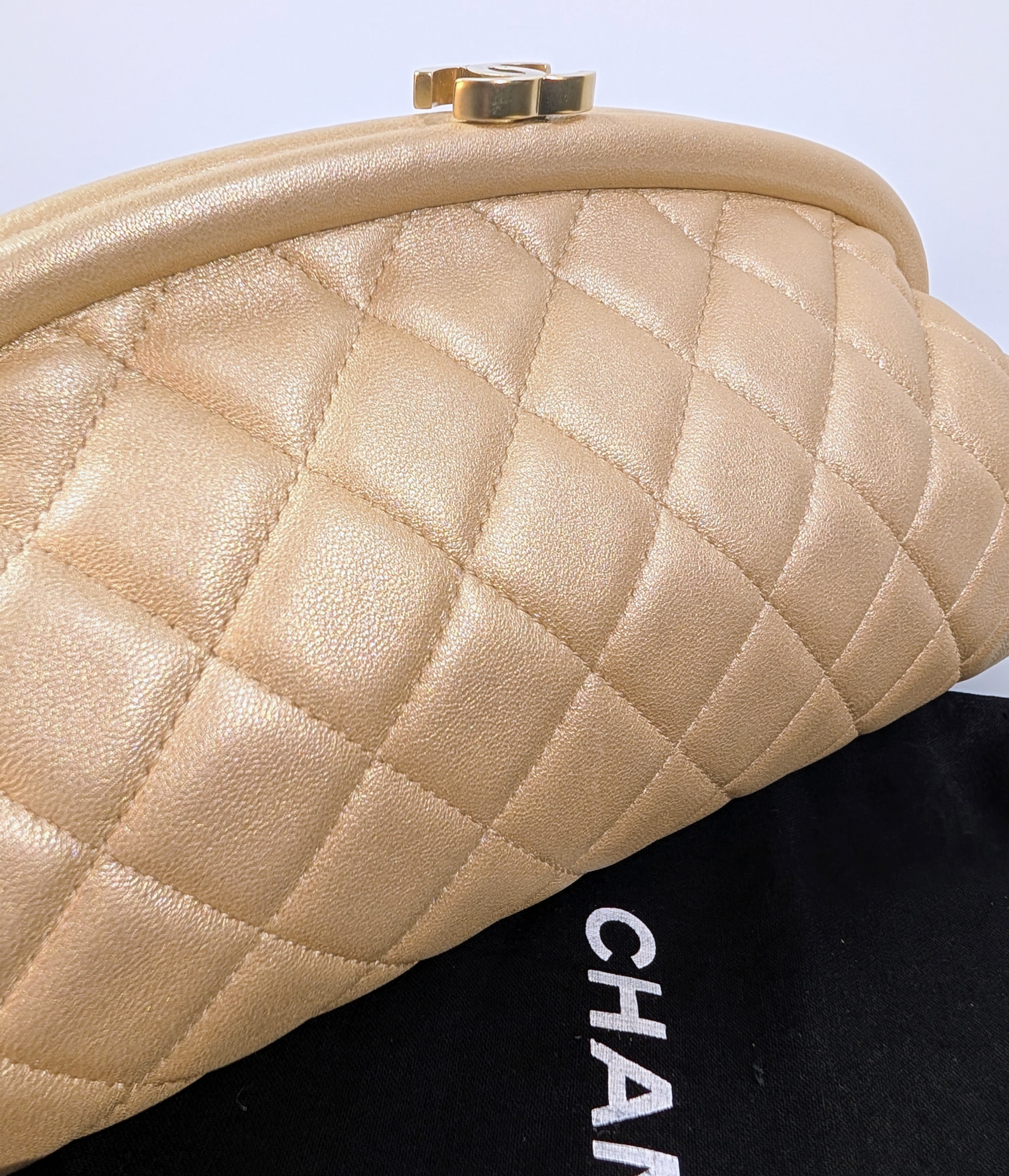 Chanel Pearlescent Gold Half Moon Quilted Lambskin Kisslock Clutch