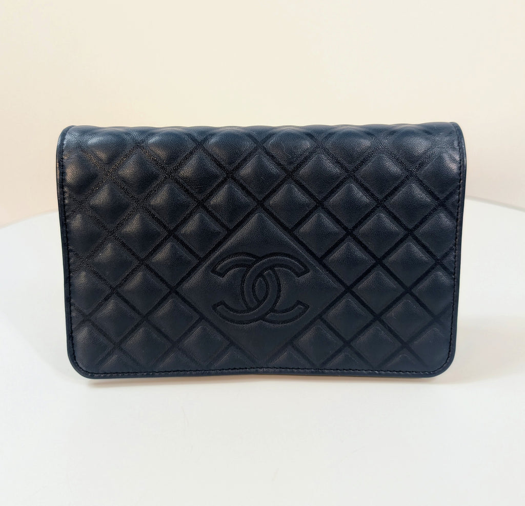 Chanel Slate Blue Embossed CC Diamond-Quilted Calfskin Wallet on Chain (WOC)