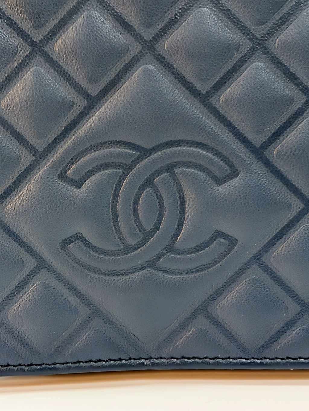 Chanel Slate Blue Embossed CC Diamond-Quilted Calfskin Wallet on Chain (WOC)