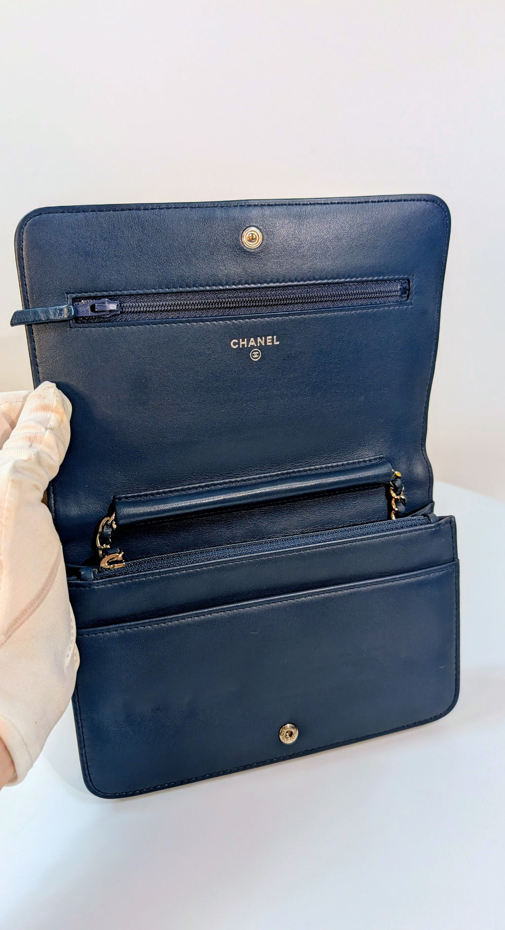 Chanel Slate Blue Embossed CC Diamond-Quilted Calfskin Wallet on Chain (WOC)