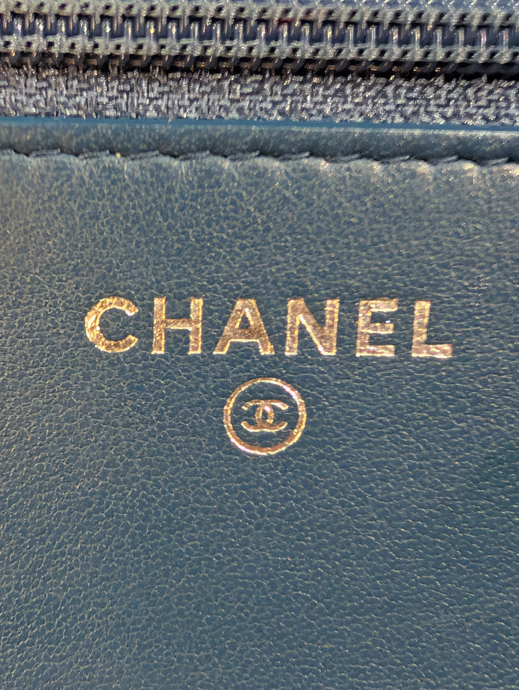 Chanel Slate Blue Embossed CC Diamond-Quilted Calfskin Wallet on Chain (WOC)