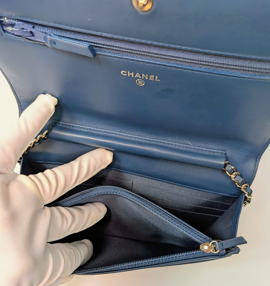 Chanel Slate Blue Embossed CC Diamond-Quilted Calfskin Wallet on Chain (WOC)