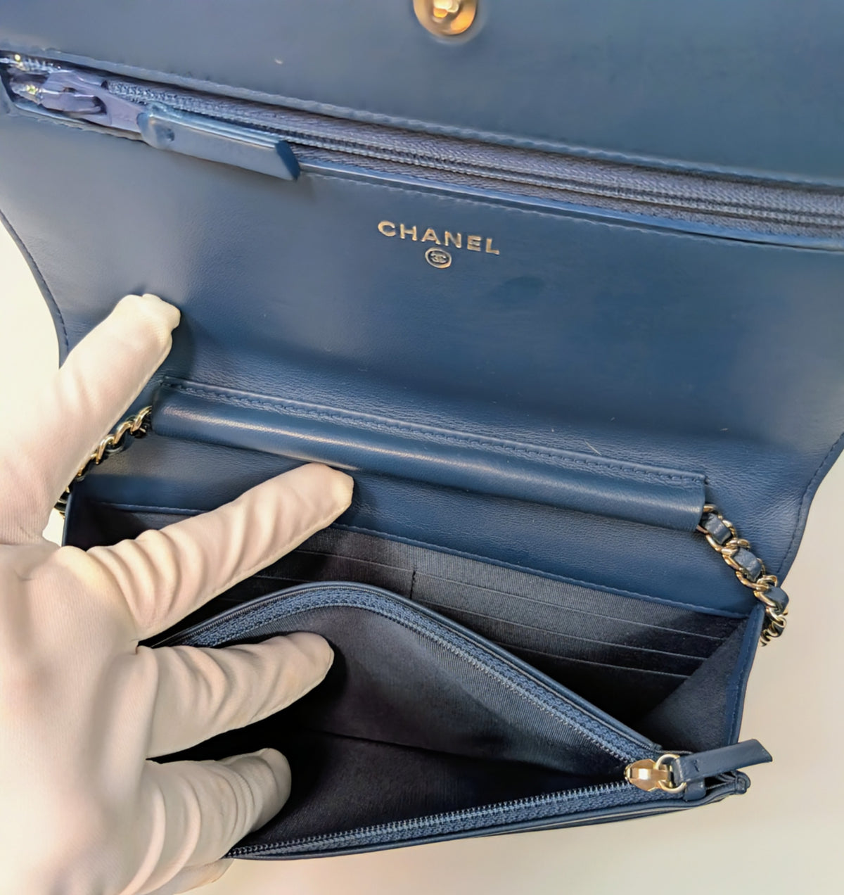 Chanel Slate Blue Embossed CC Diamond-Quilted Calfskin Wallet on Chain (WOC)