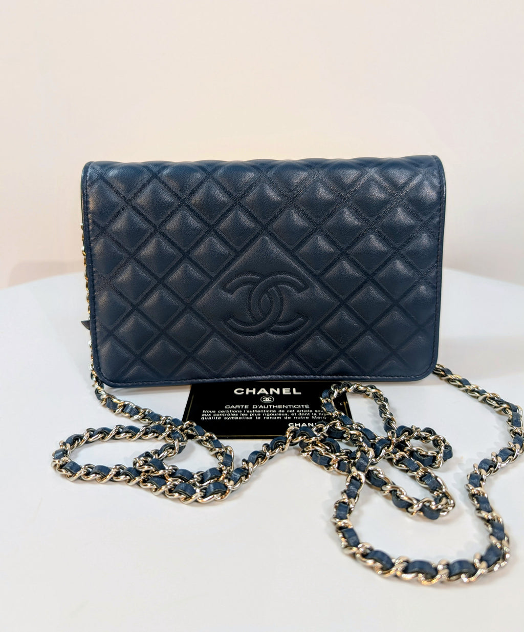 Chanel Slate Blue Embossed CC Diamond-Quilted Calfskin Wallet on Chain (WOC)