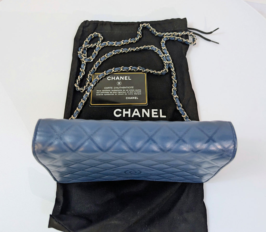 Chanel Slate Blue Embossed CC Diamond-Quilted Calfskin Wallet on Chain (WOC)