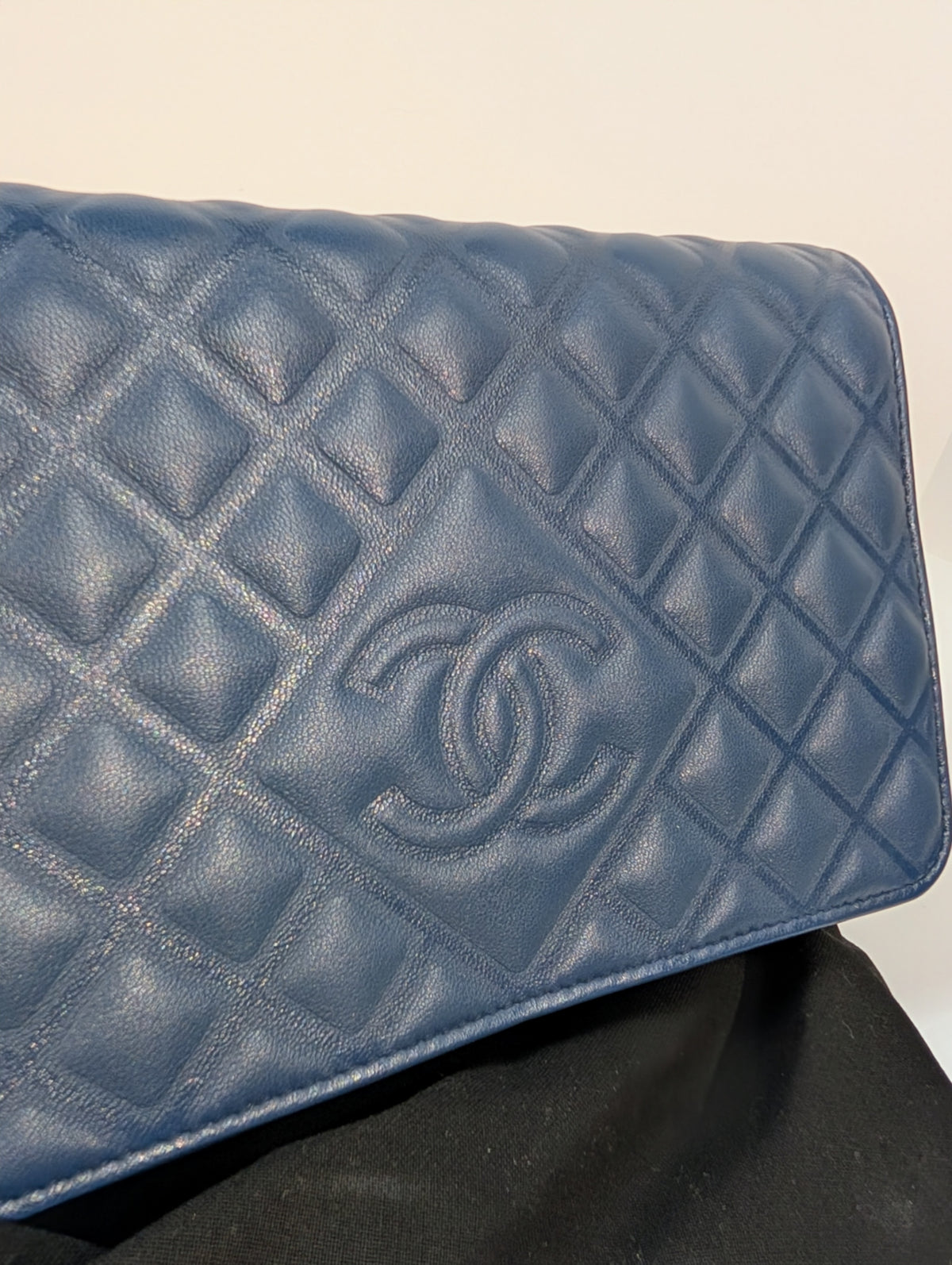 Chanel Slate Blue Embossed CC Diamond-Quilted Calfskin Wallet on Chain (WOC)