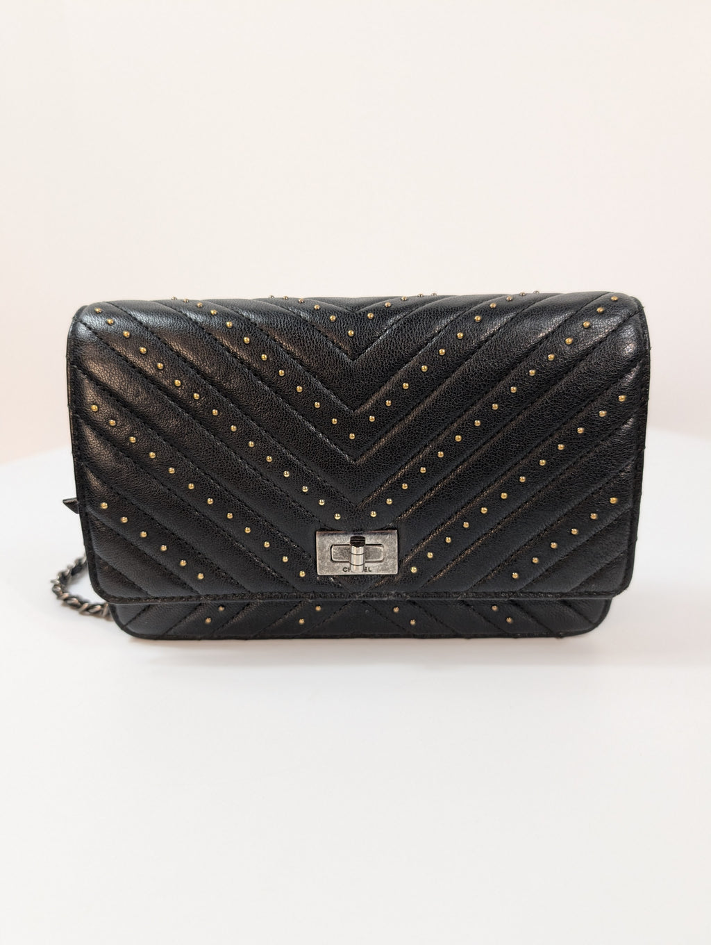 Chanel Special Edition Reissue Black Studded Chevron Calfskin Wallet on Chain (WOC)