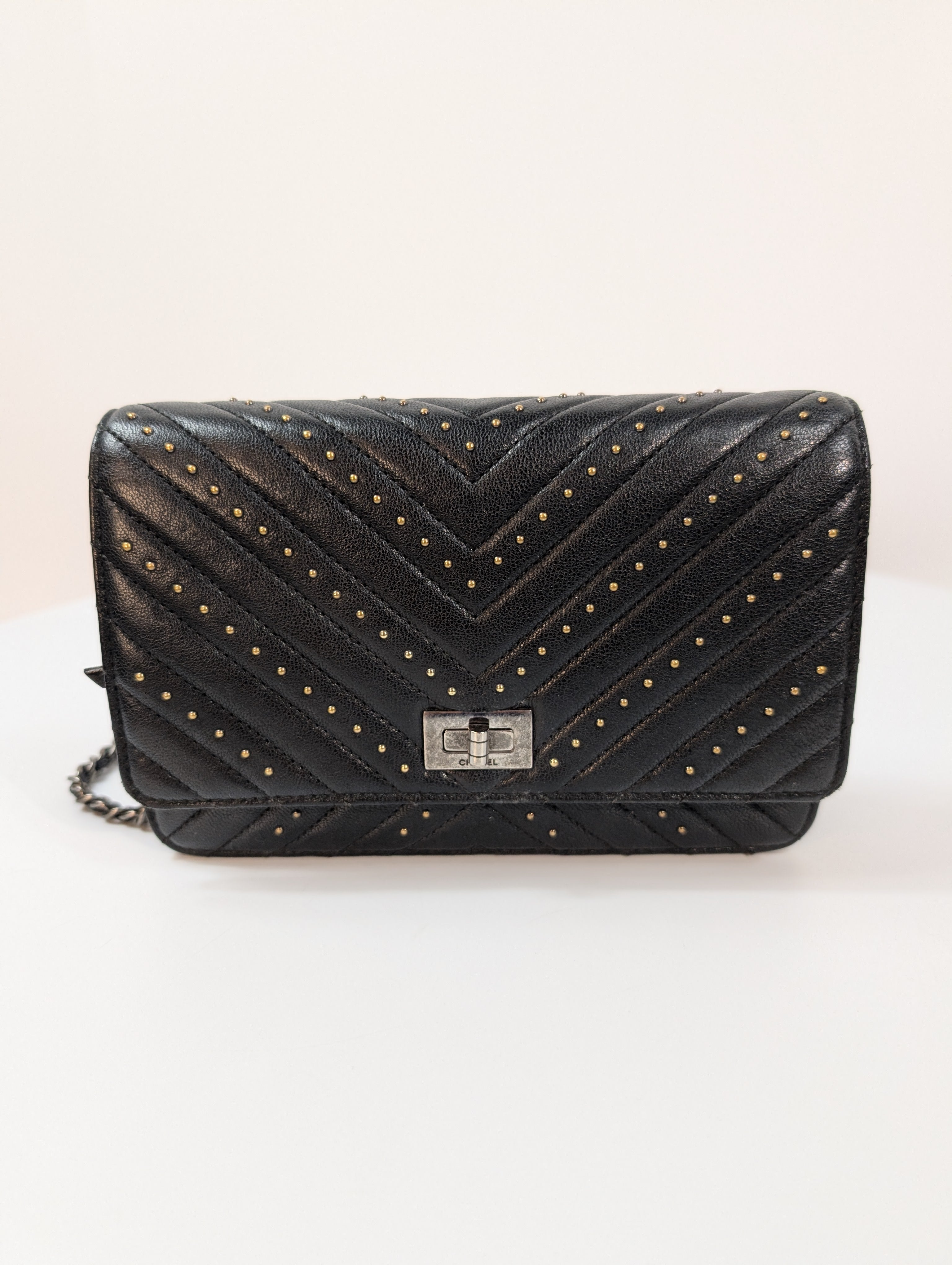 Chanel Special Edition Reissue Black Studded Chevron Calfskin Wallet on Chain (WOC)