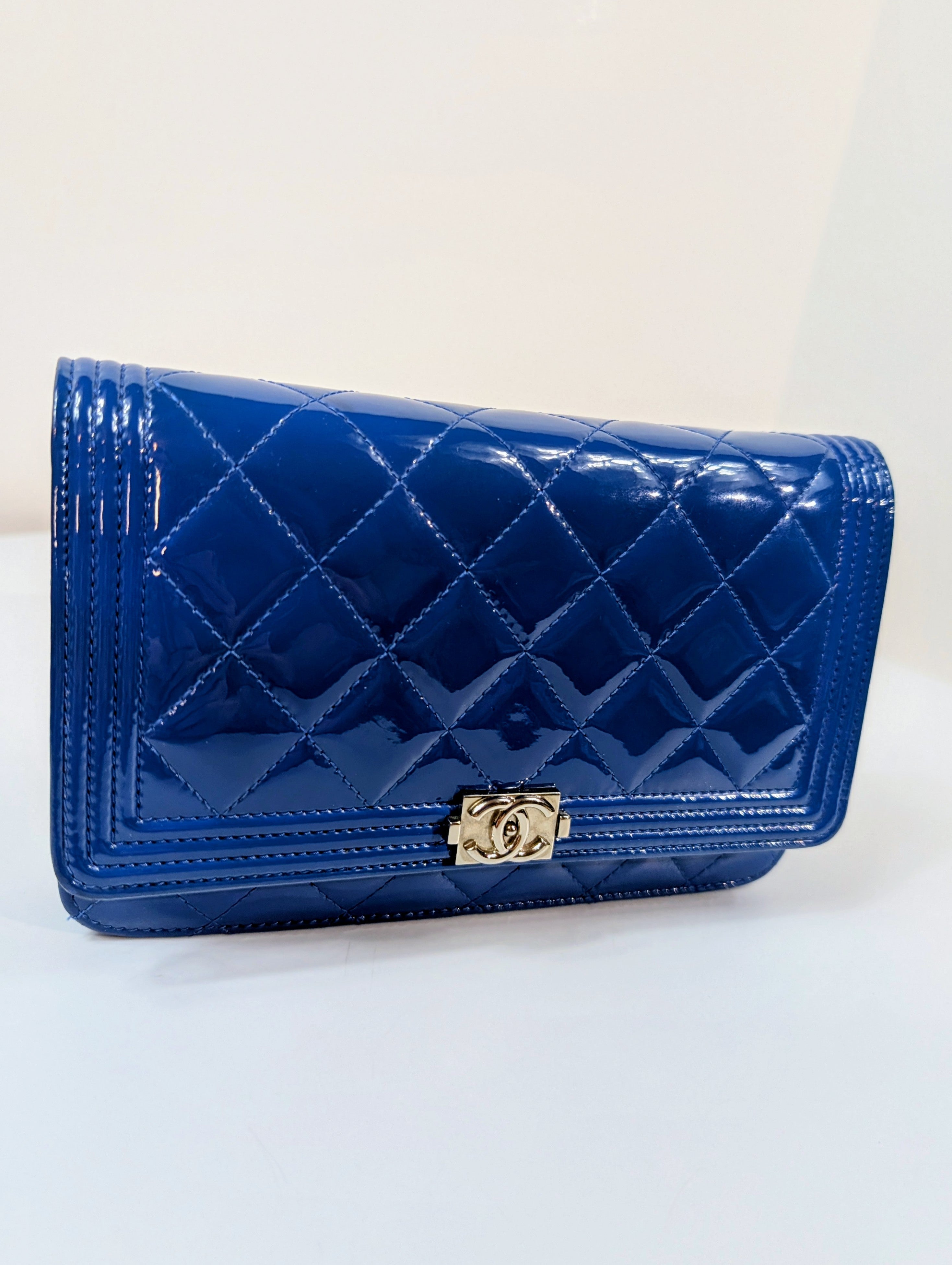 Chanel Bright Blue Patent Leather Boy Wallet On Chain (WOC)