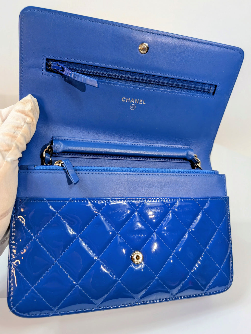 Chanel Bright Blue Patent Leather Boy Wallet On Chain (WOC)