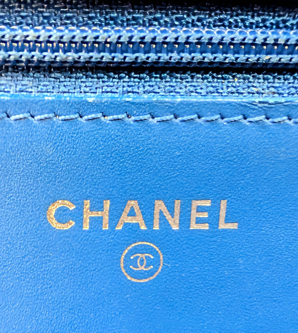 Chanel Bright Blue Patent Leather Boy Wallet On Chain (WOC)