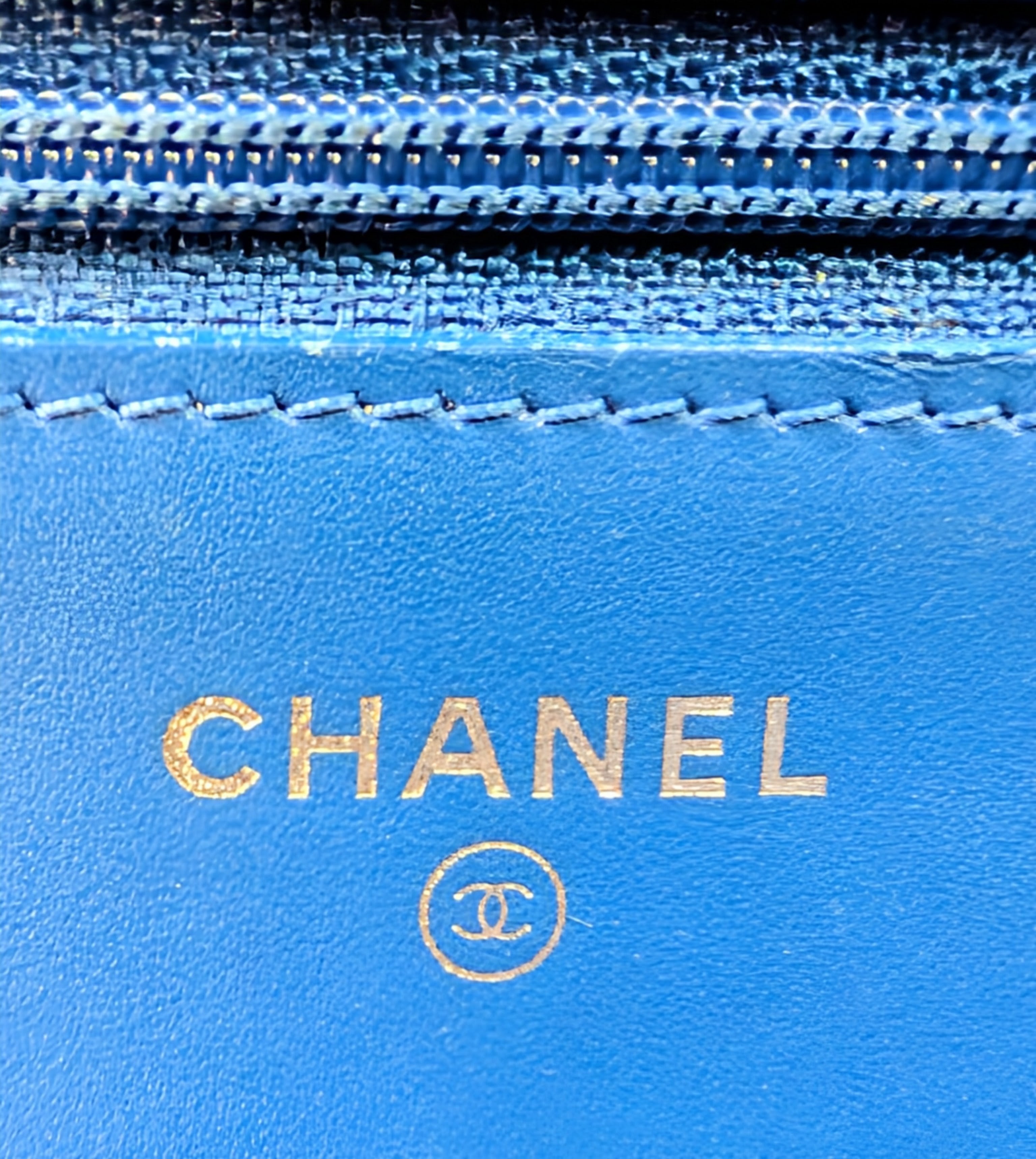 Chanel Bright Blue Patent Leather Boy Wallet On Chain (WOC)