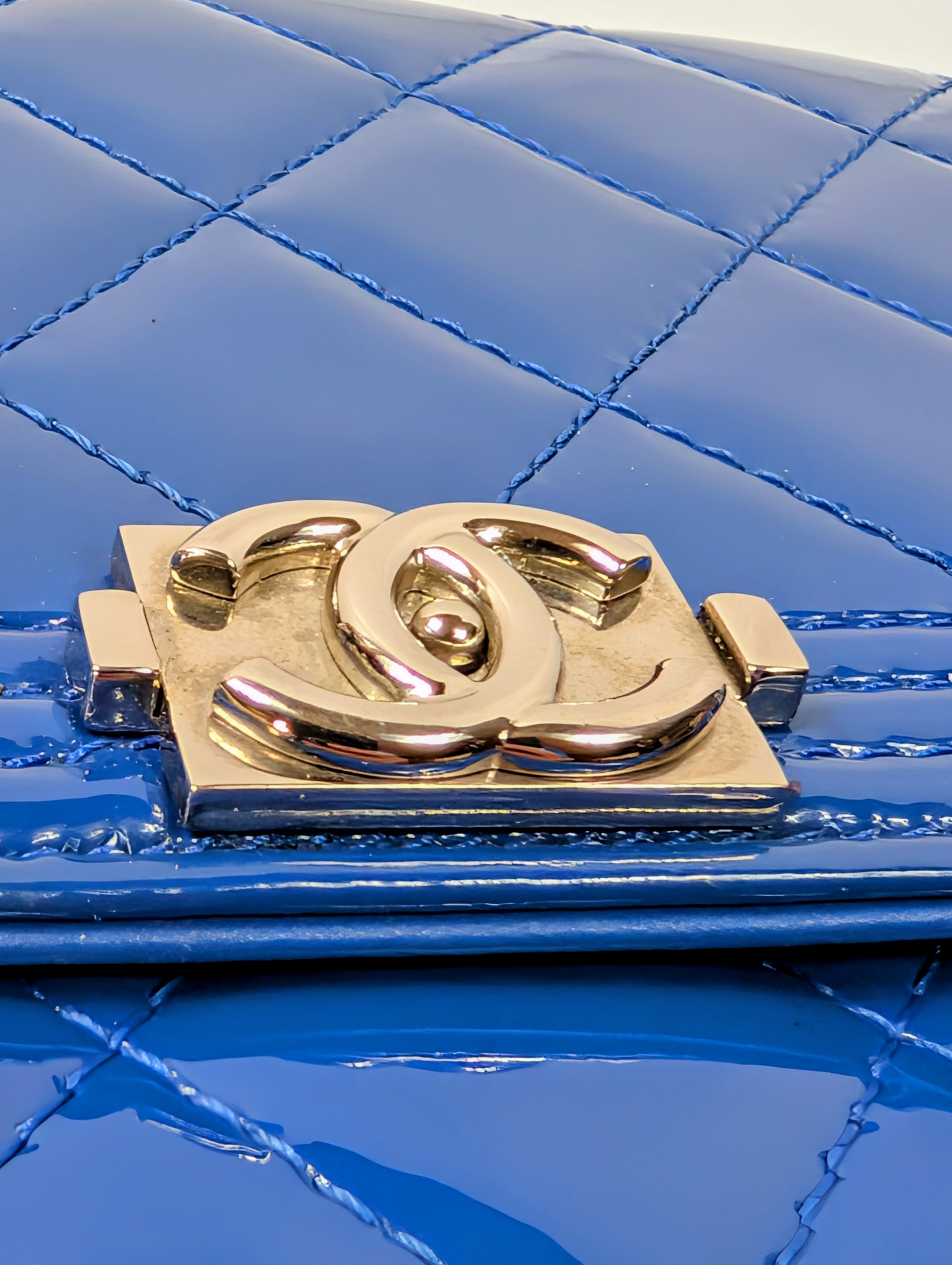 Chanel Bright Blue Patent Leather Boy Wallet On Chain (WOC)