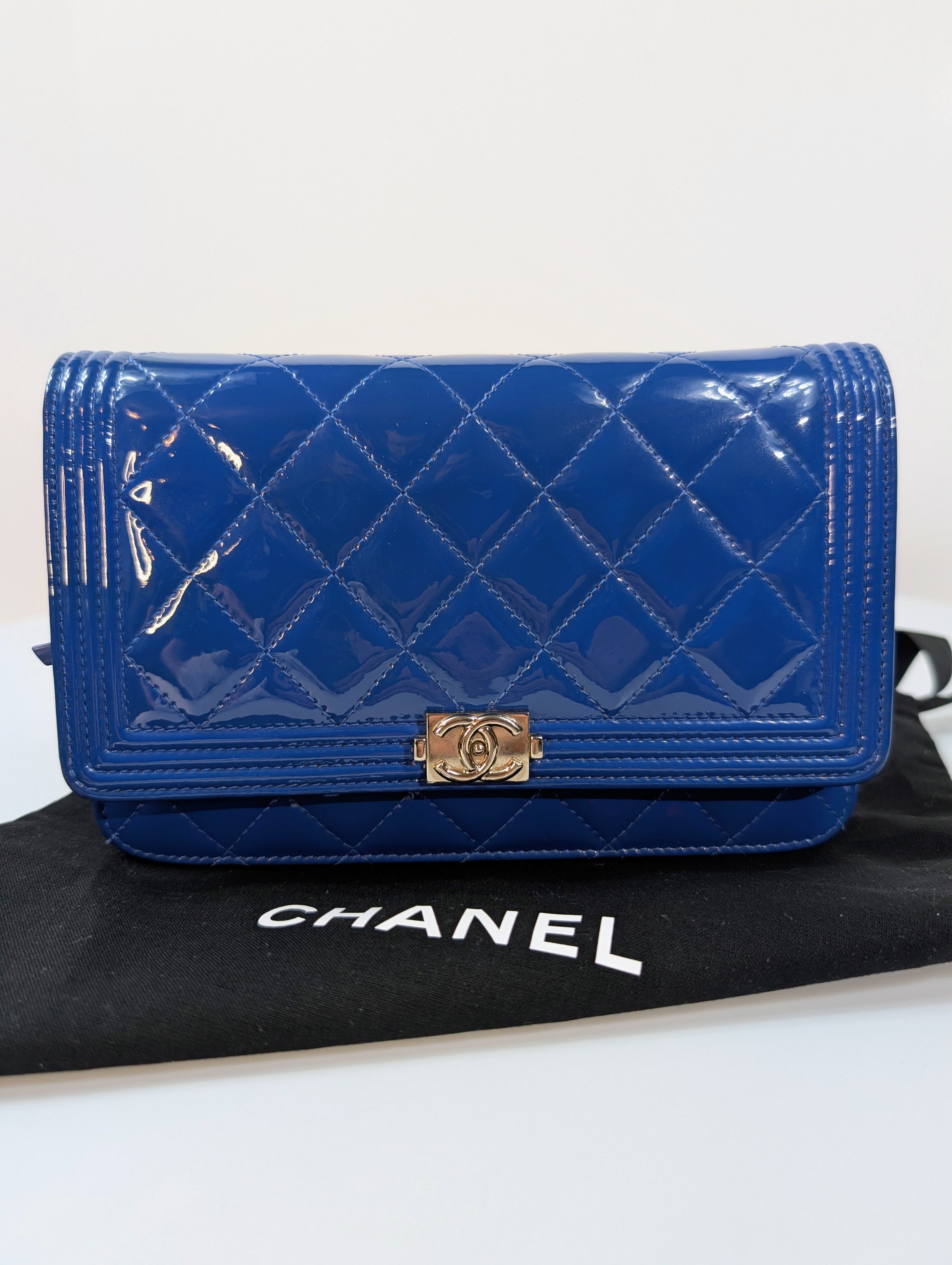 Chanel Bright Blue Patent Leather Boy Wallet On Chain (WOC)