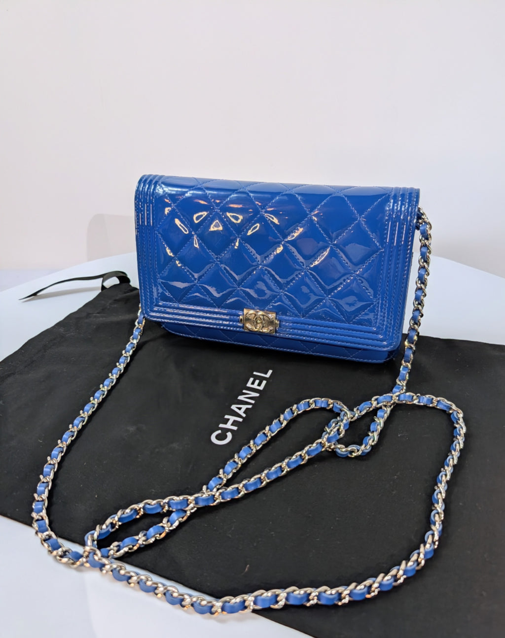 Chanel Bright Blue Patent Leather Boy Wallet On Chain (WOC)