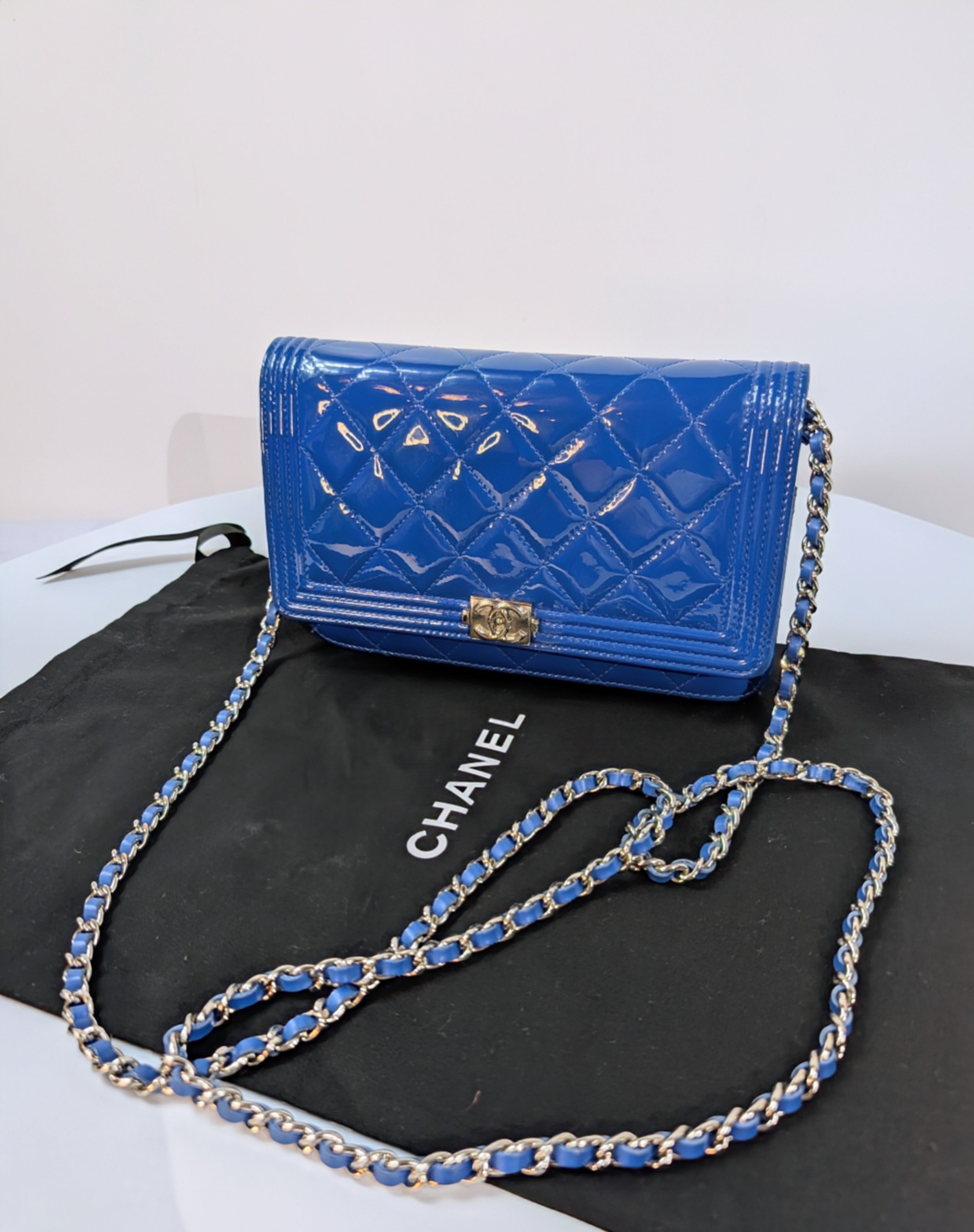 Chanel Bright Blue Patent Leather Boy Wallet On Chain (WOC)