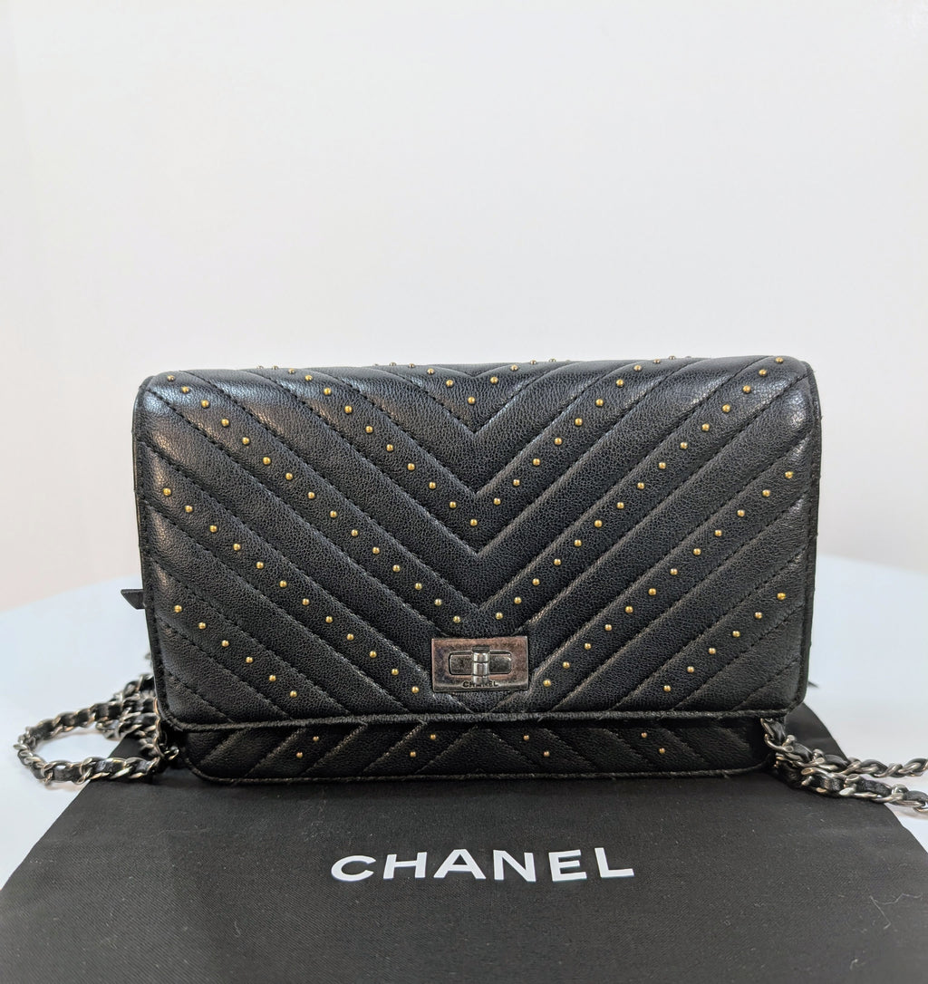 Chanel Special Edition Reissue Black Studded Chevron Calfskin Wallet on Chain (WOC)